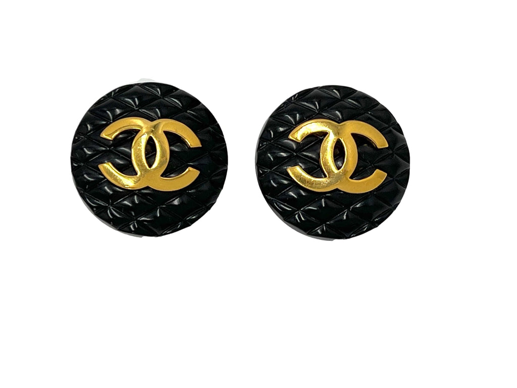 Chanel Vintage 1980s Large Black Quilted Logo Button Giant Stud Earrings