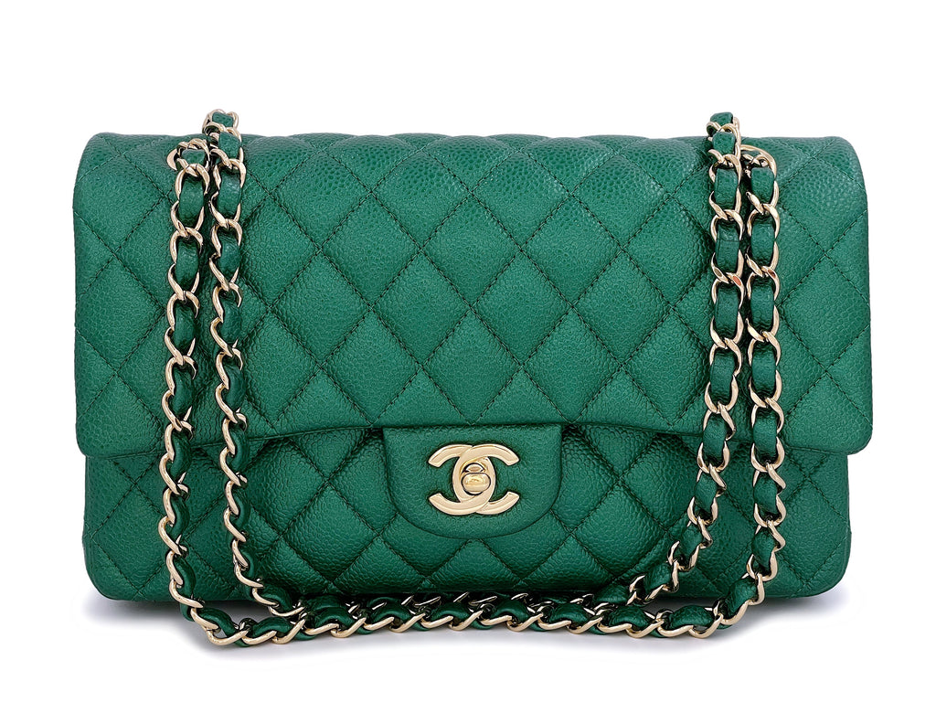 18S Chanel Iridescent Pearly Emerald Green Caviar Medium Classic Double Flap Bag GHW E2F