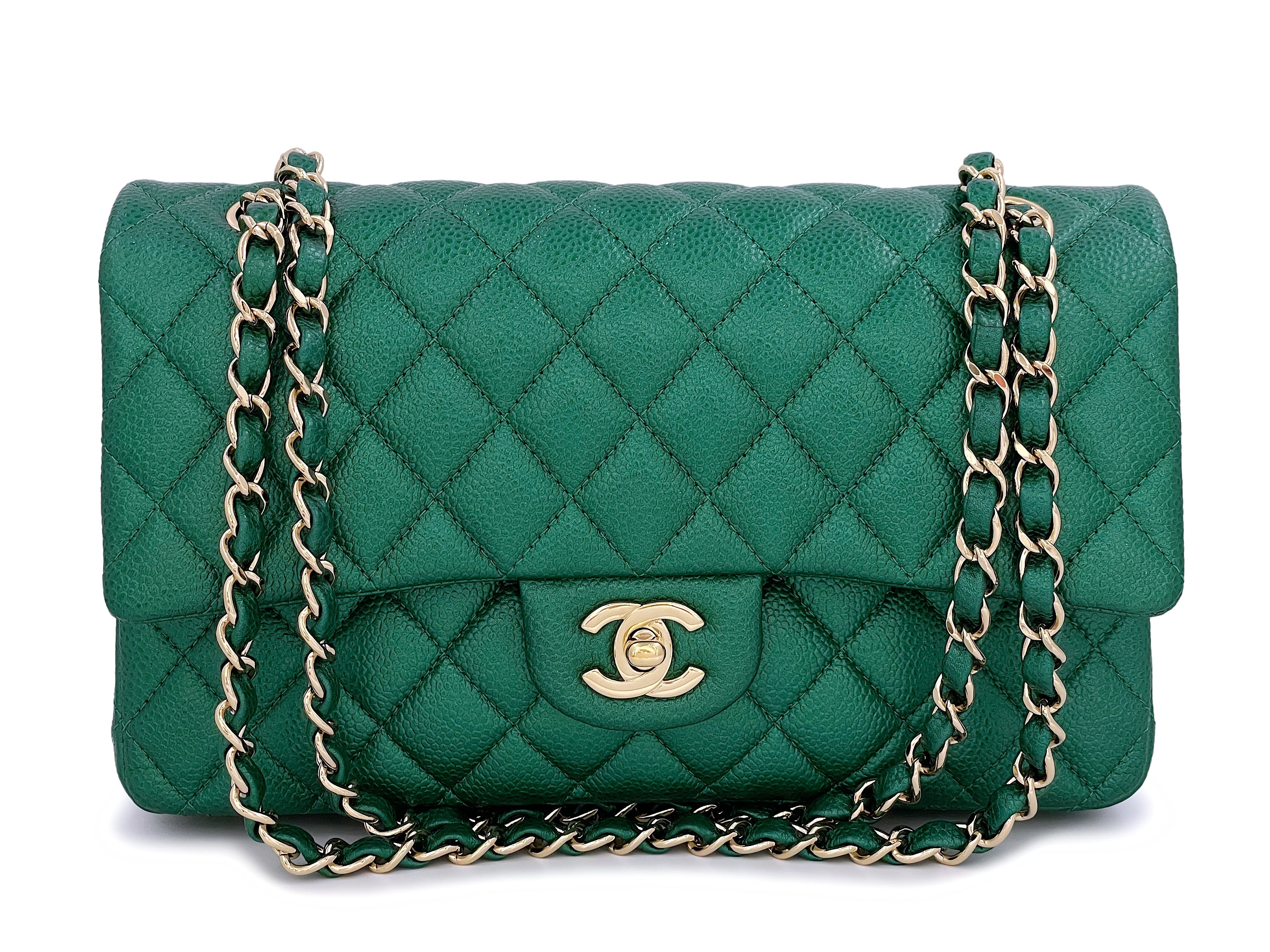 18S Chanel Iridescent Pearly Emerald Green Caviar Medium Classic Double Flap Bag GHW E2F