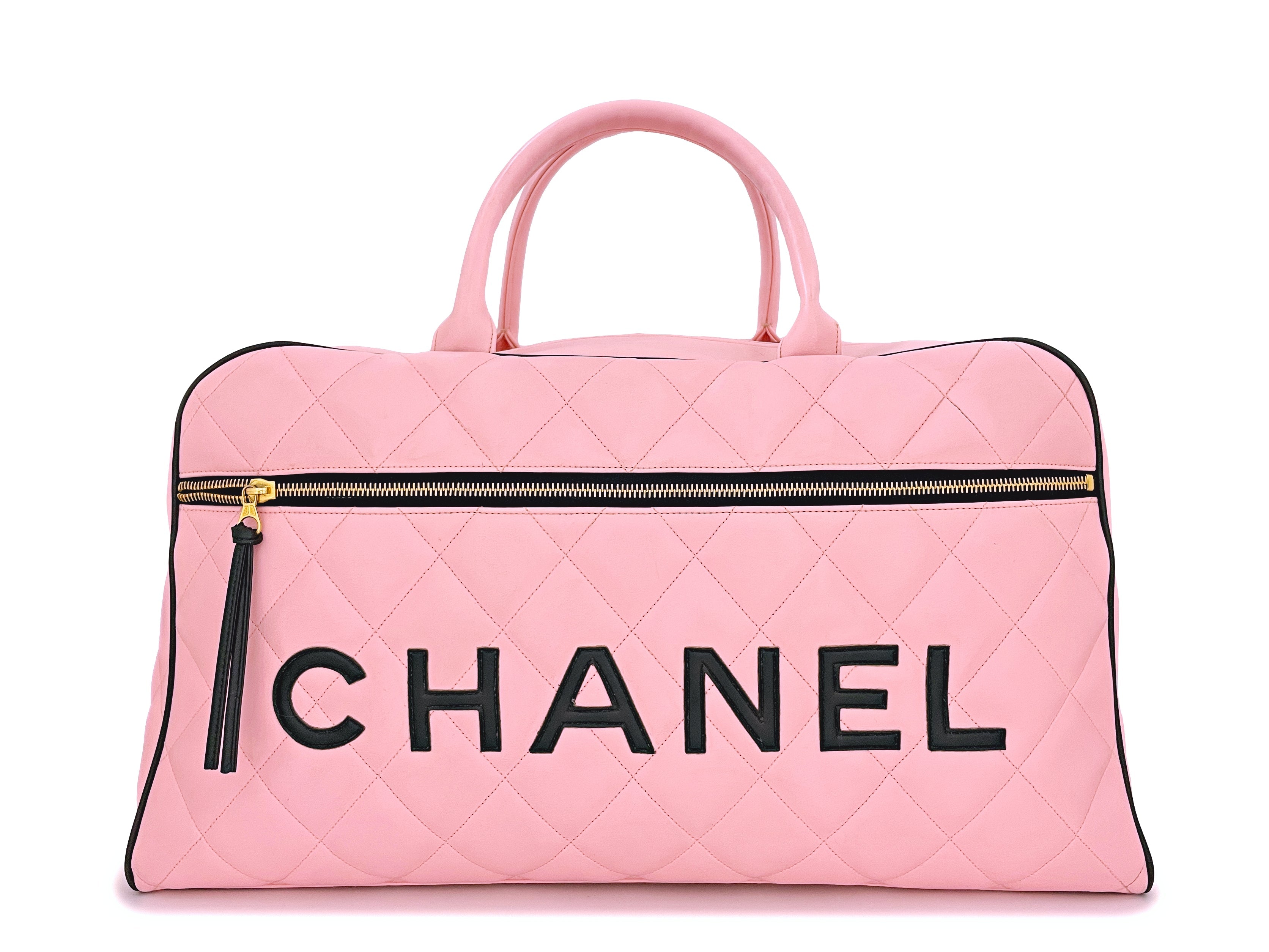 Chanel 1995 Vintage Pink XL Large Duffle Bowler Lettered Logo Bag 2B6