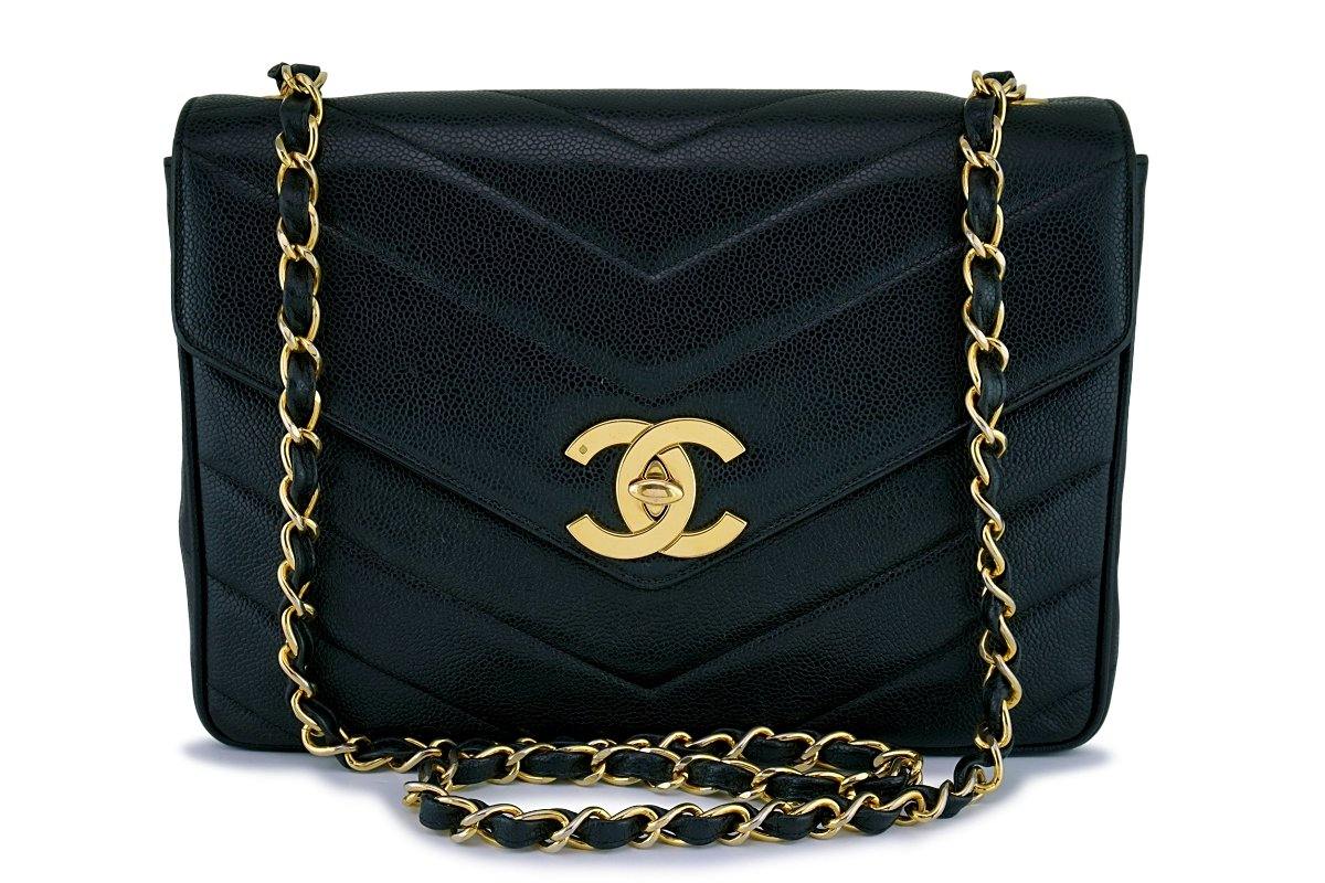 Chanel Vintage Black Caviar Chevron Jumbo Flap Bag