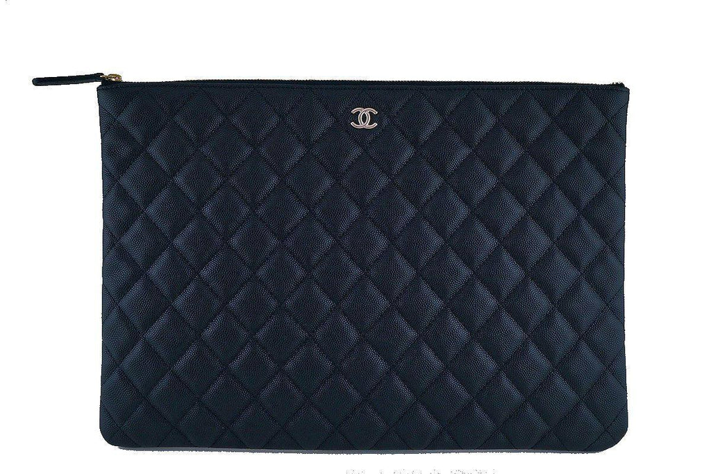 NIB Chanel Black Caviar Classic Quilted Large O Case Clutch Purse Bag GHW