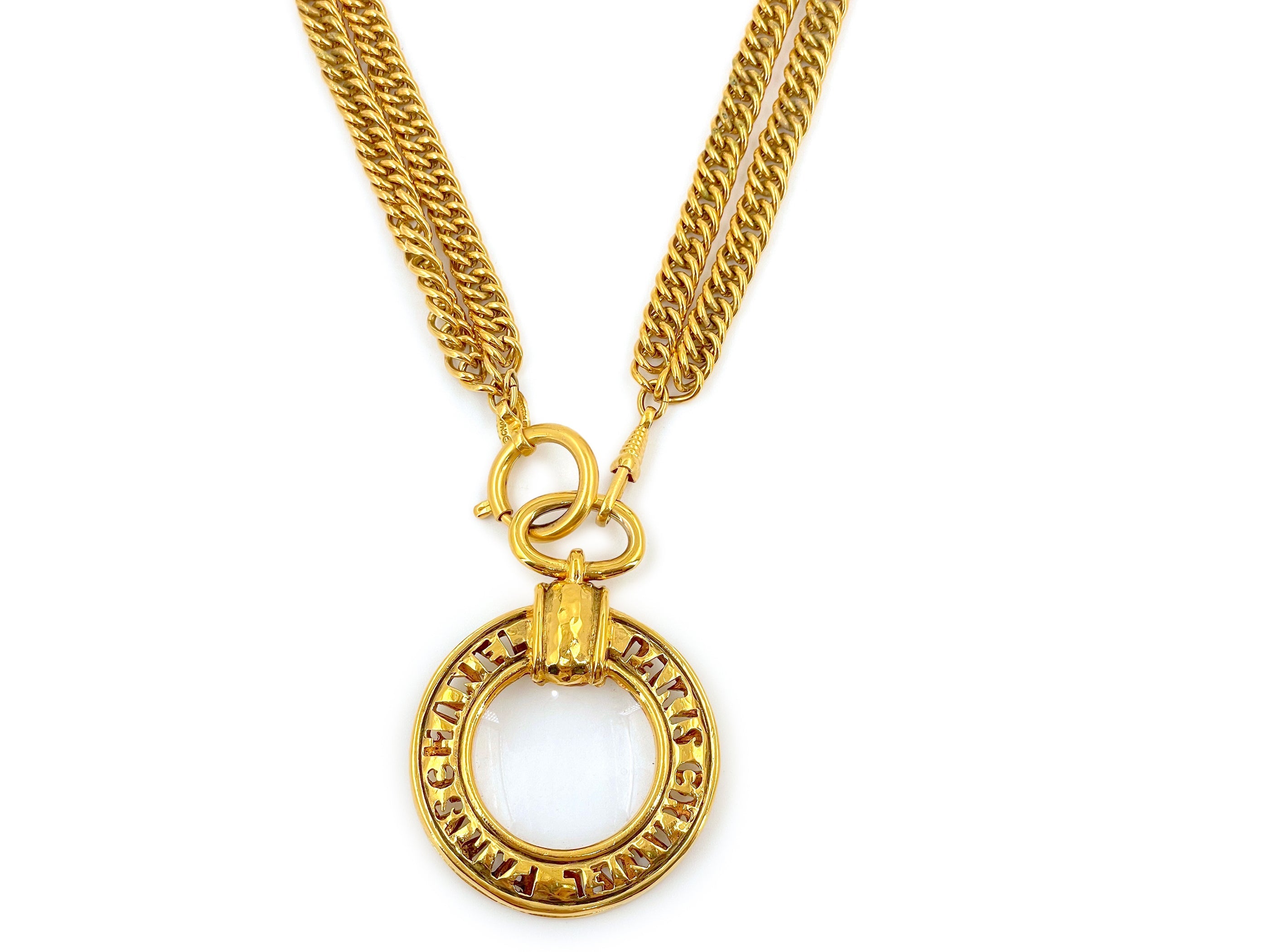 Chanel Vintage Cutout Letter Framed Magnifying Glass Pendant Long Chain Necklace 65423