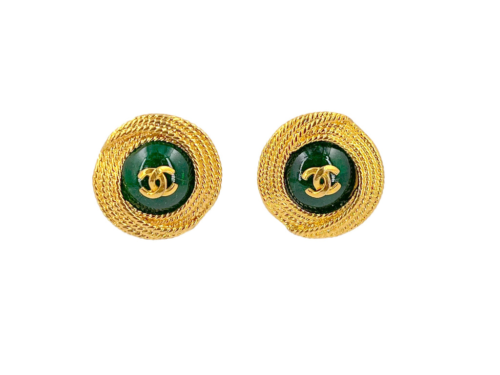 Chanel Vintage 96A Gold Green Gripoix Stud Earrings