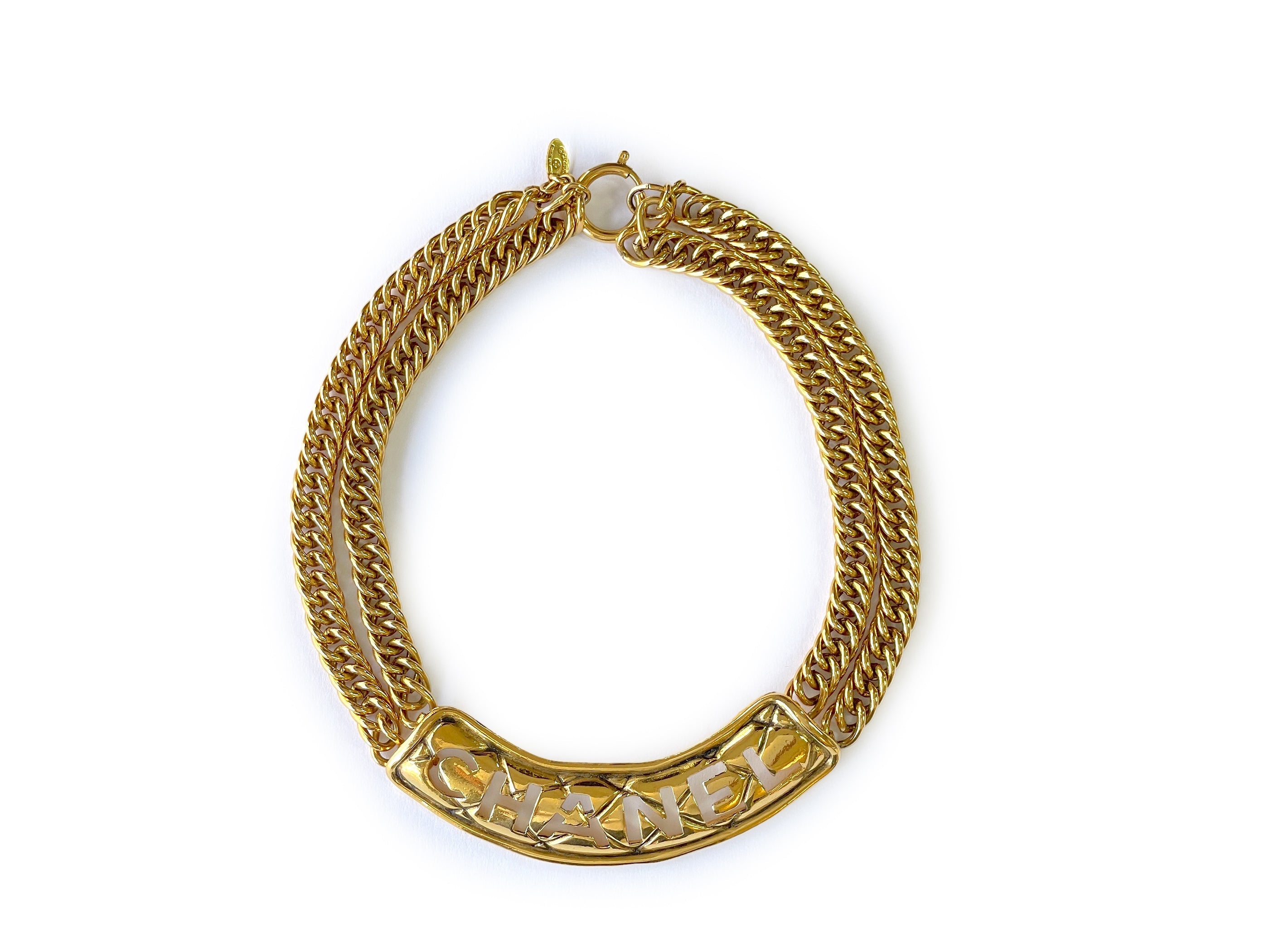 Chanel Vintage Cutout Choker Double Chain Letter Necklace
