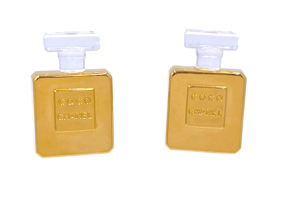 Chanel Vintage 80s Giant Coco Chanel Gold and Resin Perfume Bottle Stud Earrings