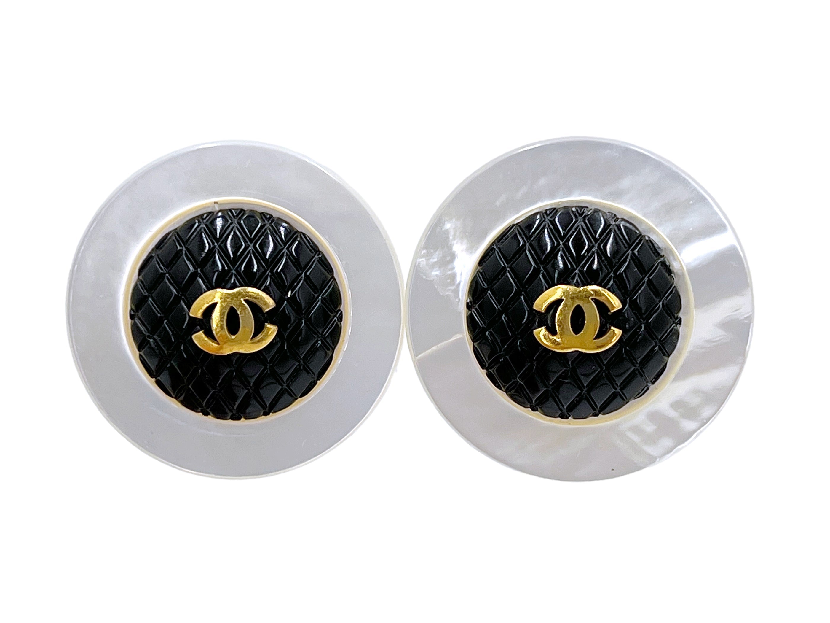 Chanel Mother of Pearl Earrings Giant Vintage and Black Woven Large Disc Stud