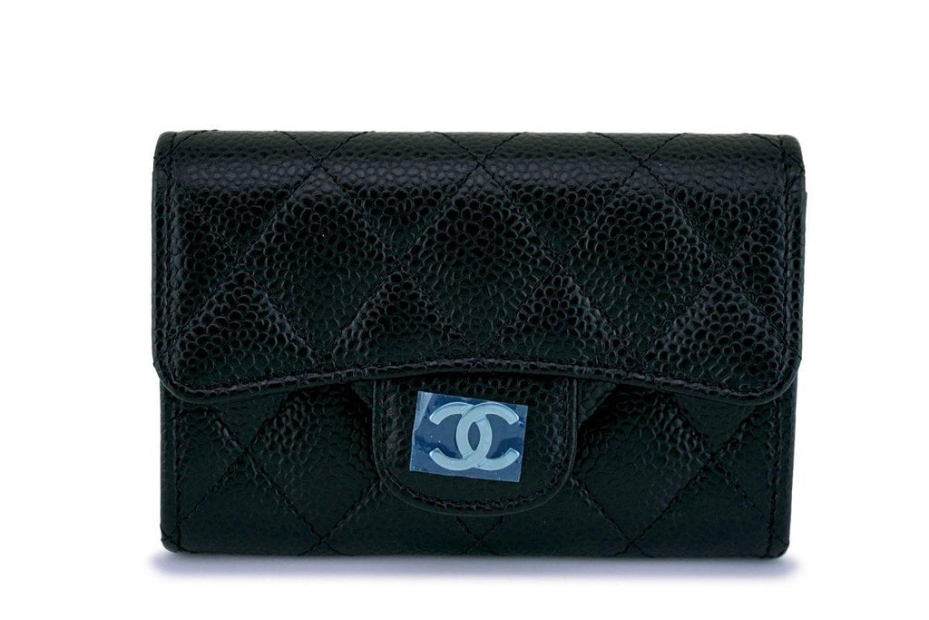 NWT Chanel Black Caviar Compact Flap Card Holder Wallet Case