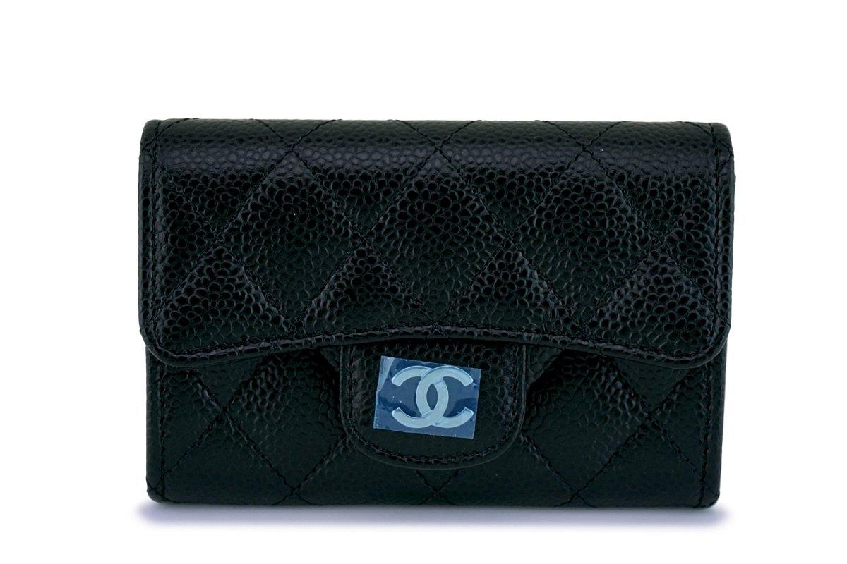 NWT Chanel Black Caviar Compact Flap Card Holder Wallet Case