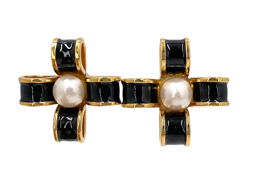 Chanel Vintage 1980s Black, Gold and Pearl Ribbon Cross Large Stud Earrings