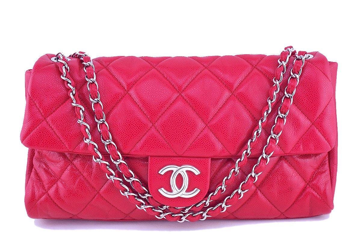 Chanel 15in. Raspberry Red Caviar Maxi Jumbo XL Classic Easy Flap Bag
