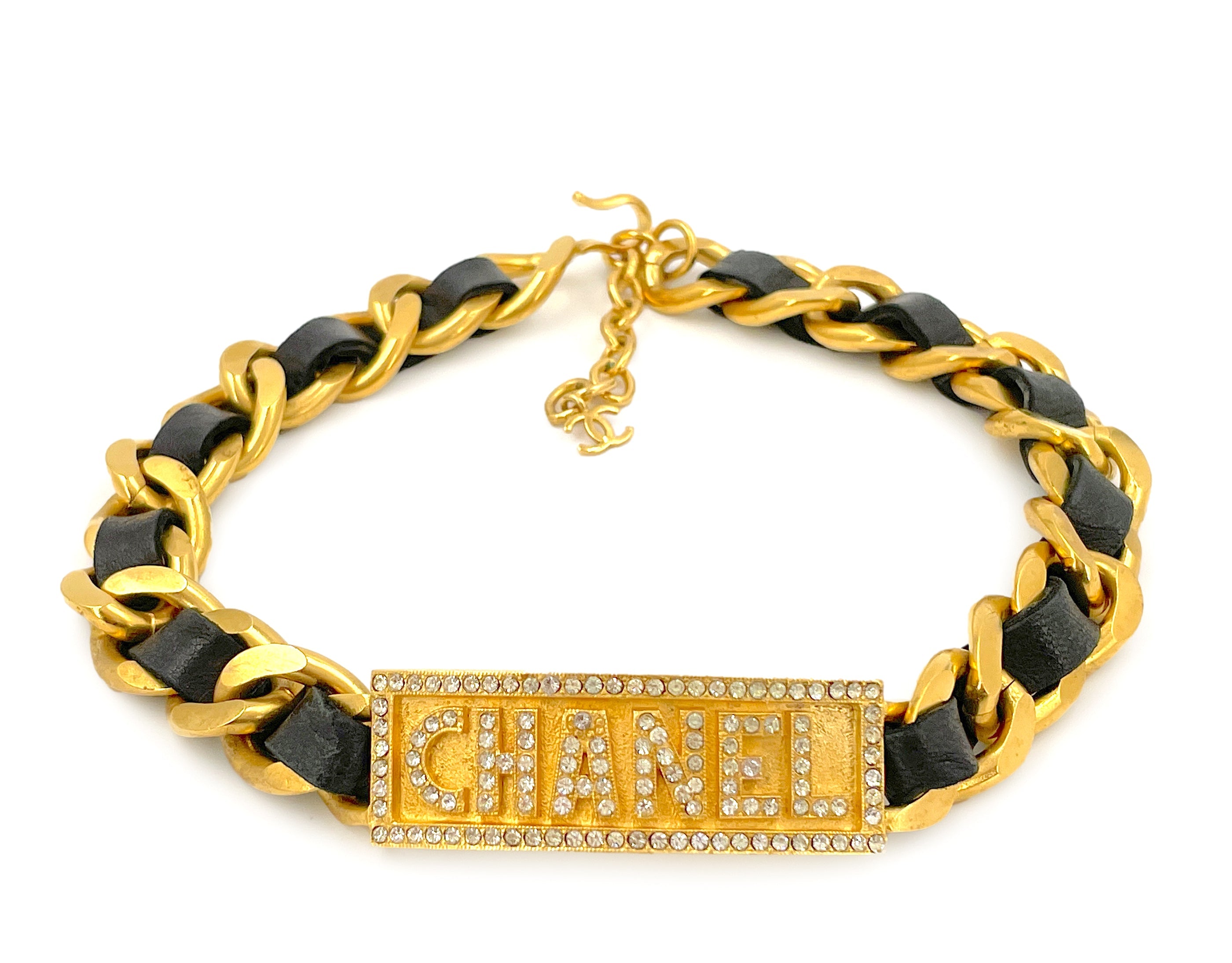 Rare Chanel Vintage 95P Barbie Crystal Letter ID Plate Woven Chain Choker Necklace