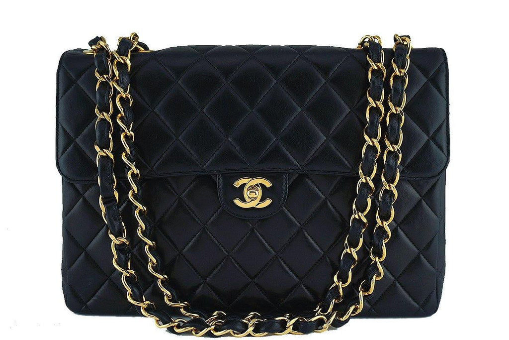Chanel Black Lambskin Jumbo Quilted Classic 2.55 Flap Bag 24k Gold Plated 9TC