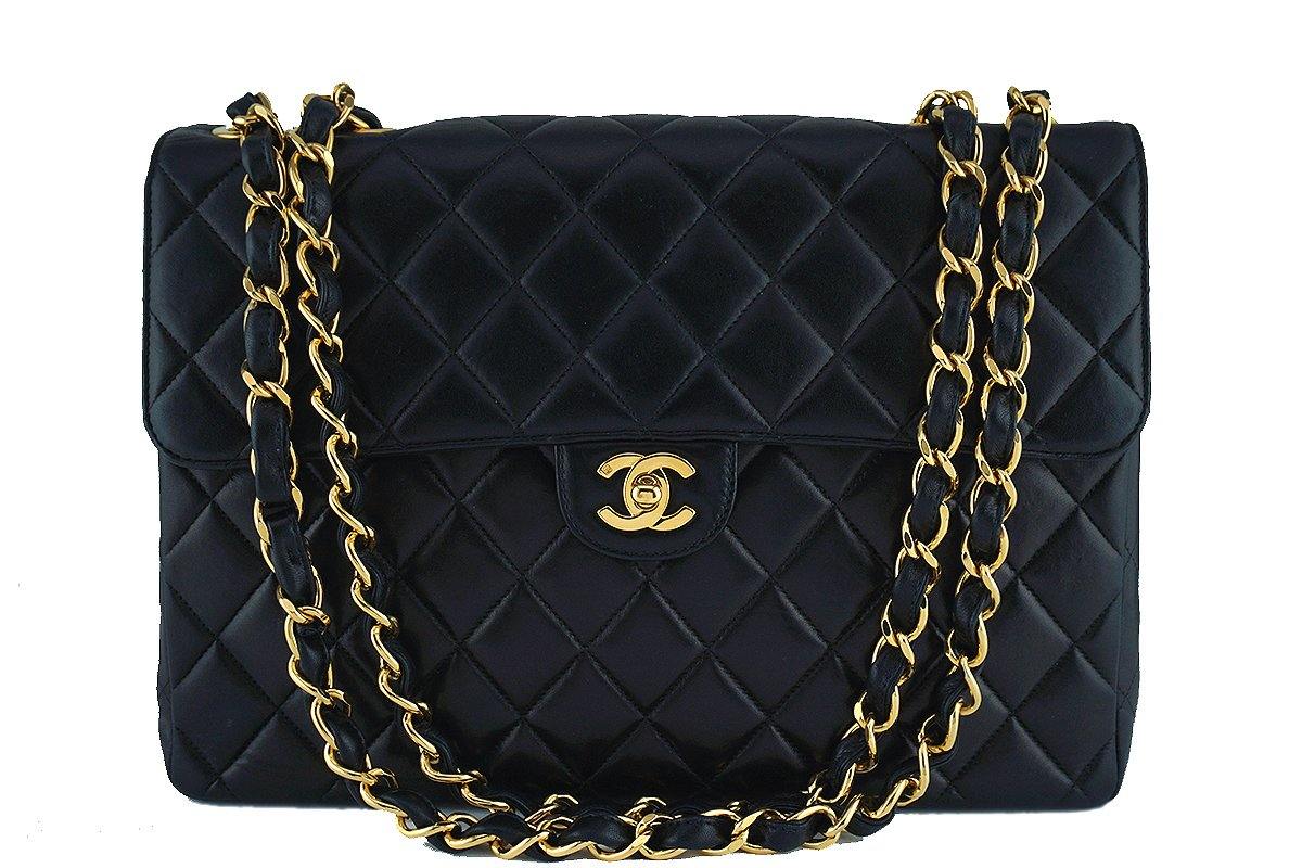 Chanel Black Lambskin Jumbo Quilted Classic 2.55 Flap Bag 24k Gold Plated 9TC