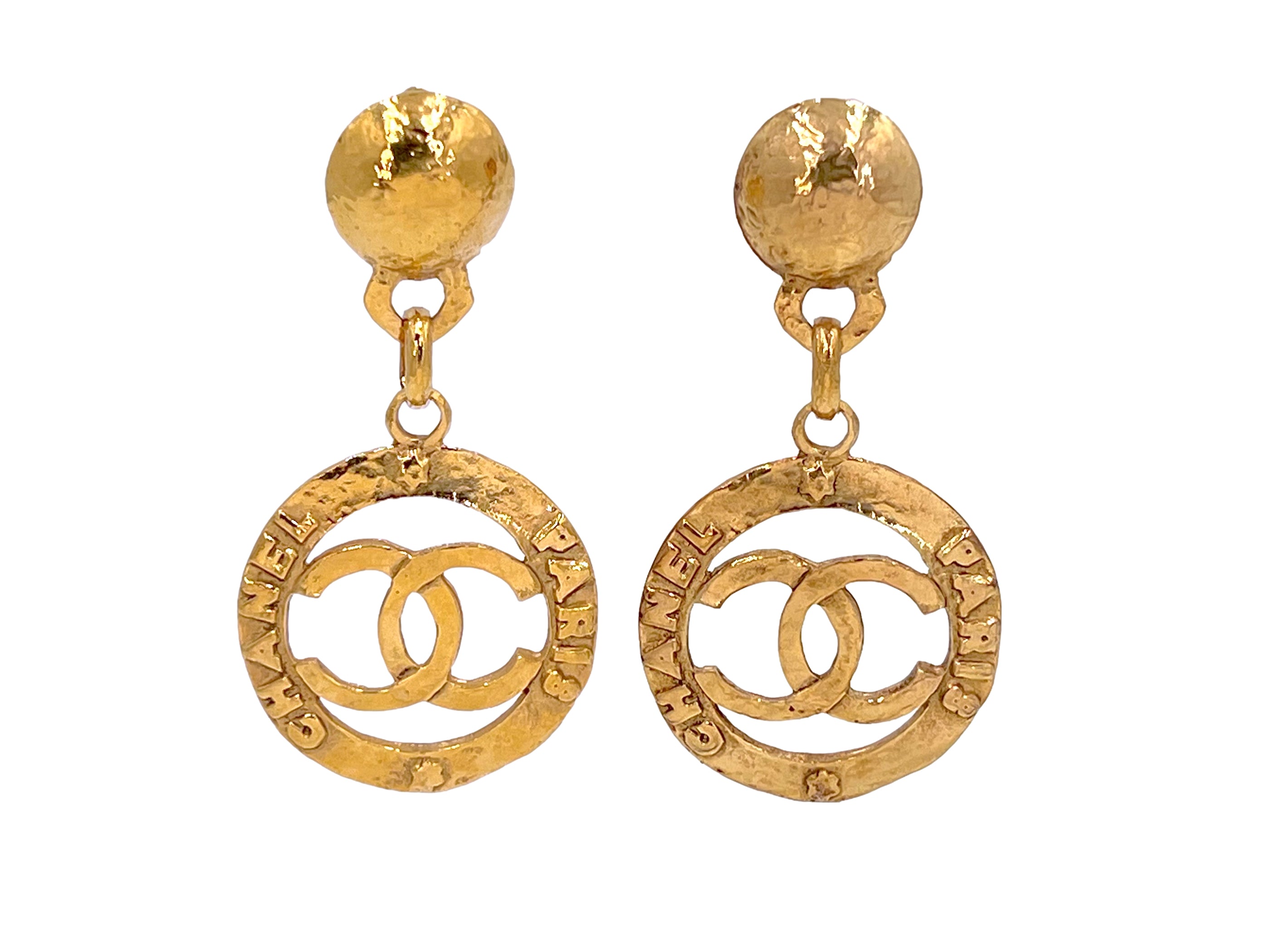 Chanel Vintage Collection 28 Logo Hoop Drop Earrings Hammered Gold Plated