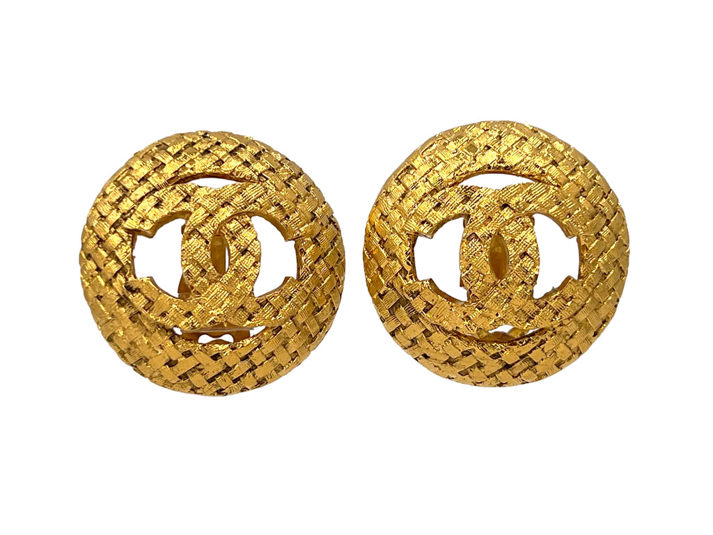 Chanel Vintage Collection 29 "Woven" Gold Logo Stud Earrings