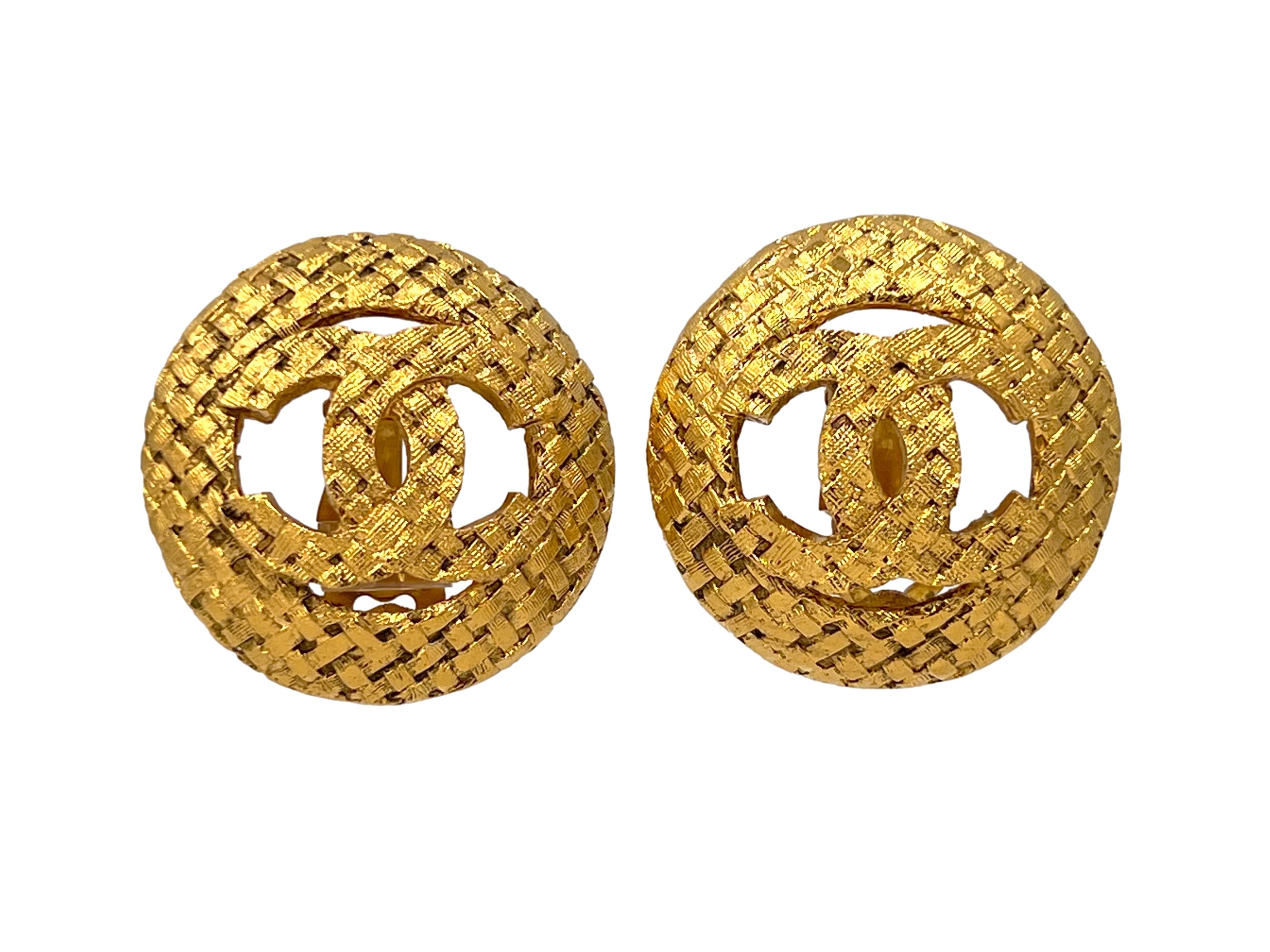 Chanel Vintage Collection 29 "Woven" Gold Logo Stud Earrings