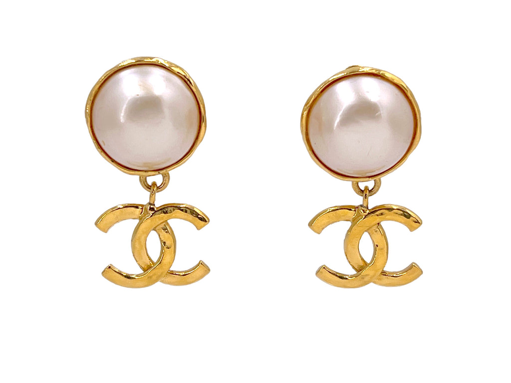 Chanel Vintage 93A Large Pearl and CC Drop Dangle Earrings