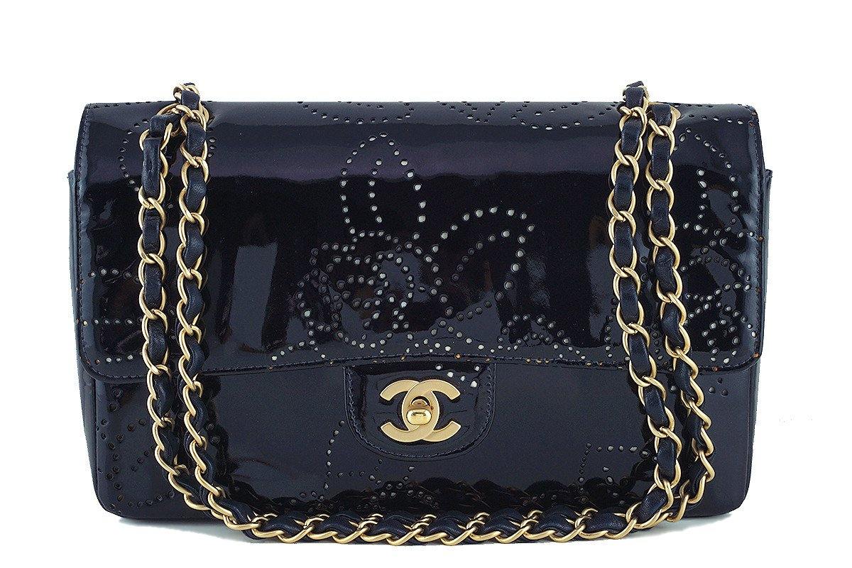 Chanel Black Patent Camelia Pattern Classic 2.55 Flap Bag