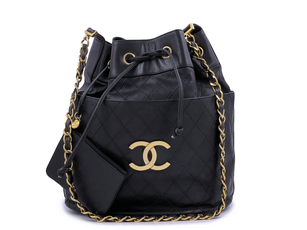 Chanel Vintage Bucket Drawstring Bag Large Black Tote 24k GHW 7XR