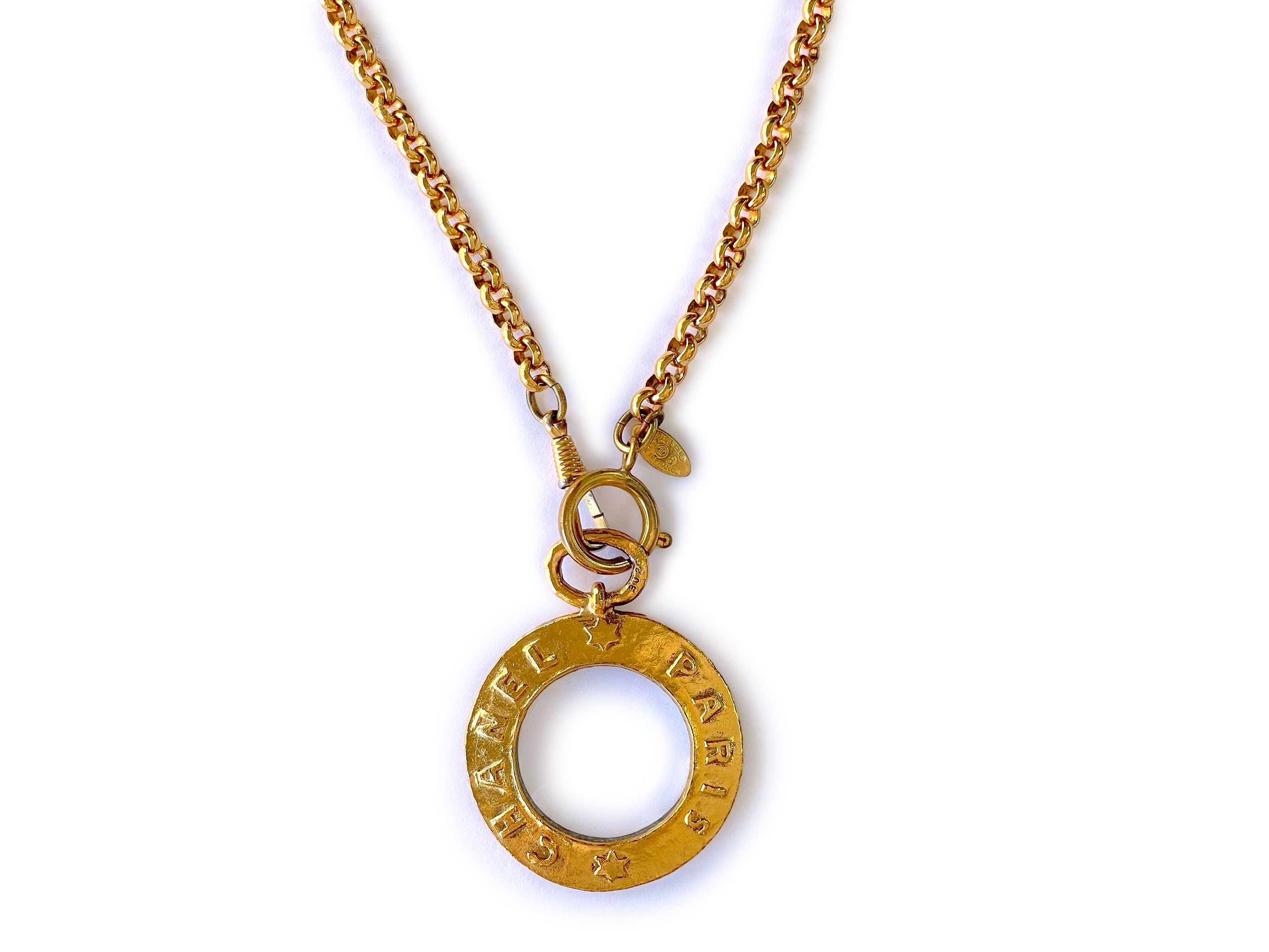 Chanel Collection 28 Large Magnifying Glass Pendant Long Chain Necklace