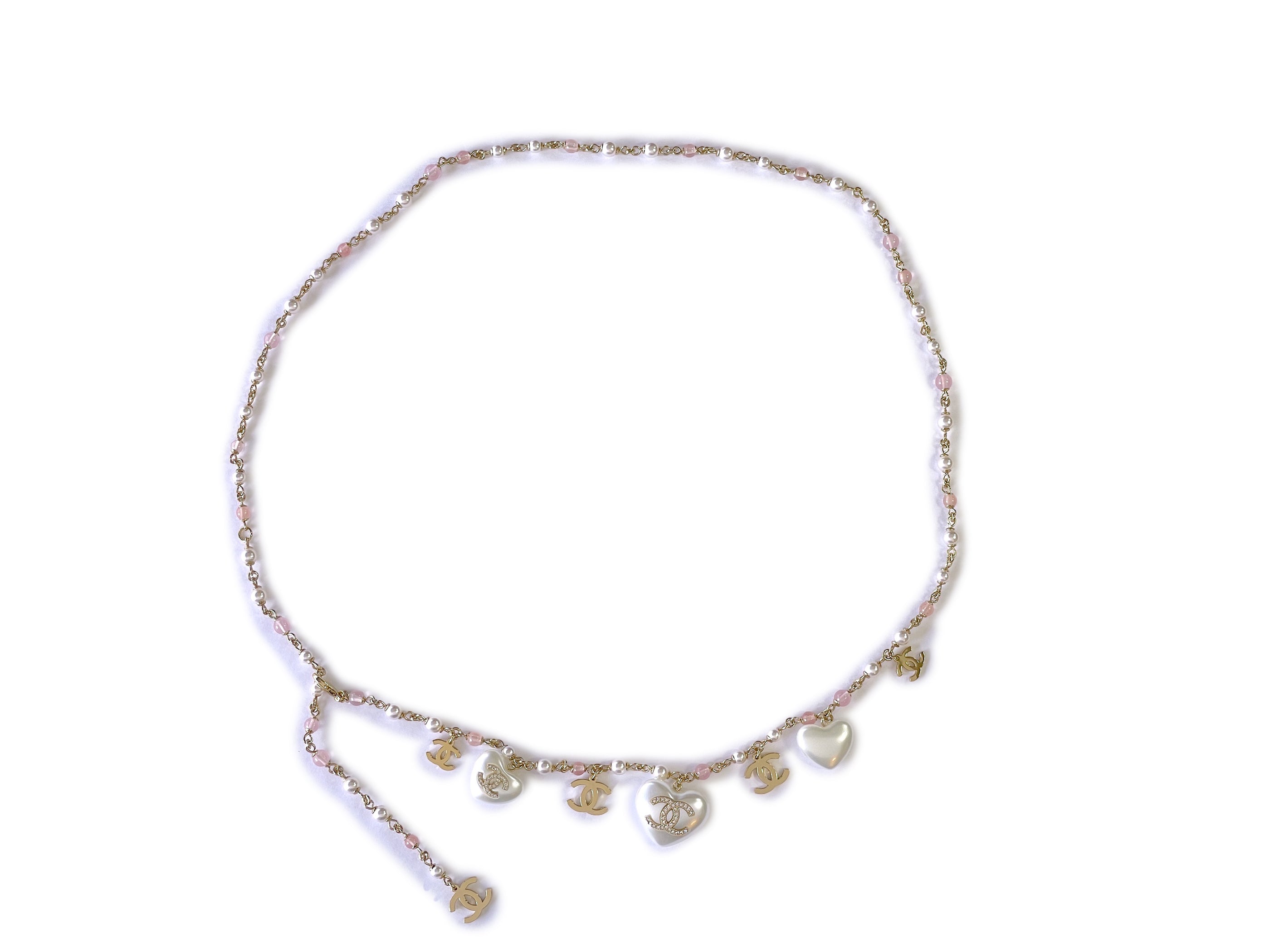 Chanel 21B Coco Neige Pearl Heart Crystal and Pink Stone Belt Necklace
