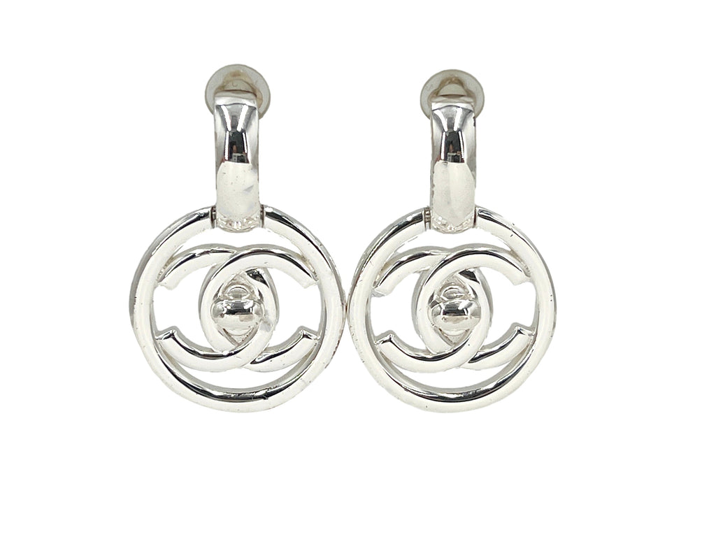 Chanel Vintage 97P Encircled Turnlock Drop Earrings Silver