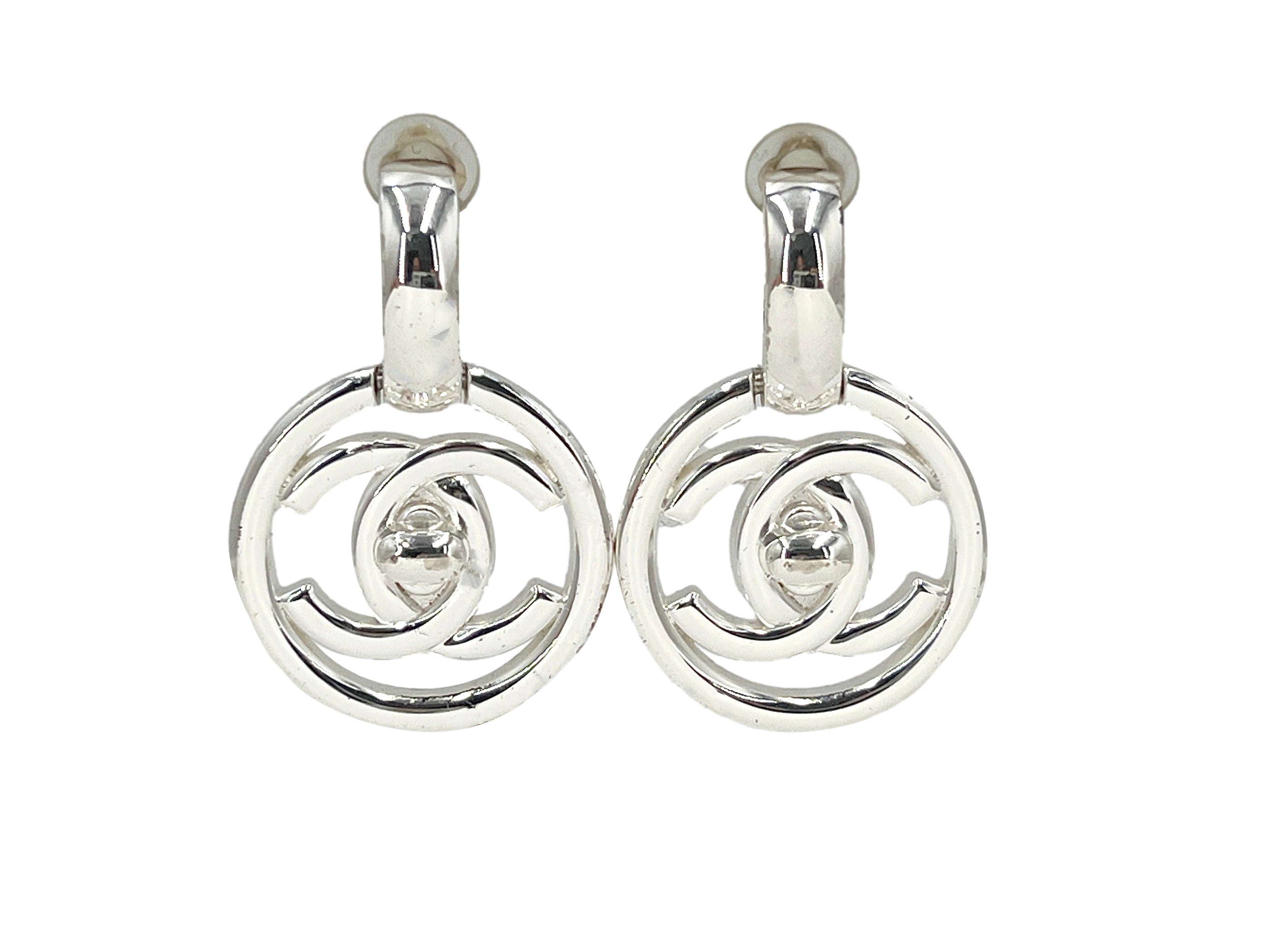 Chanel Vintage 97P Encircled Turnlock Drop Earrings Silver