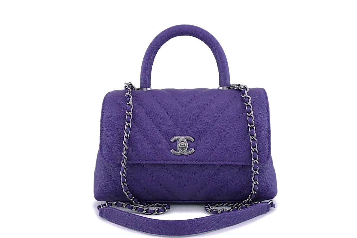 NIB 19K Chanel Purple Caviar Small Coco Handle Chevron Flap Bag RHW