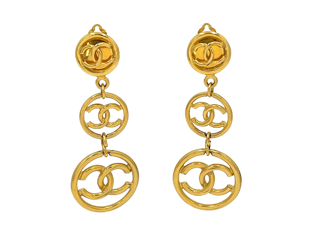 Chanel 93P Vintage Long Triple CC Logo Drop Earrings