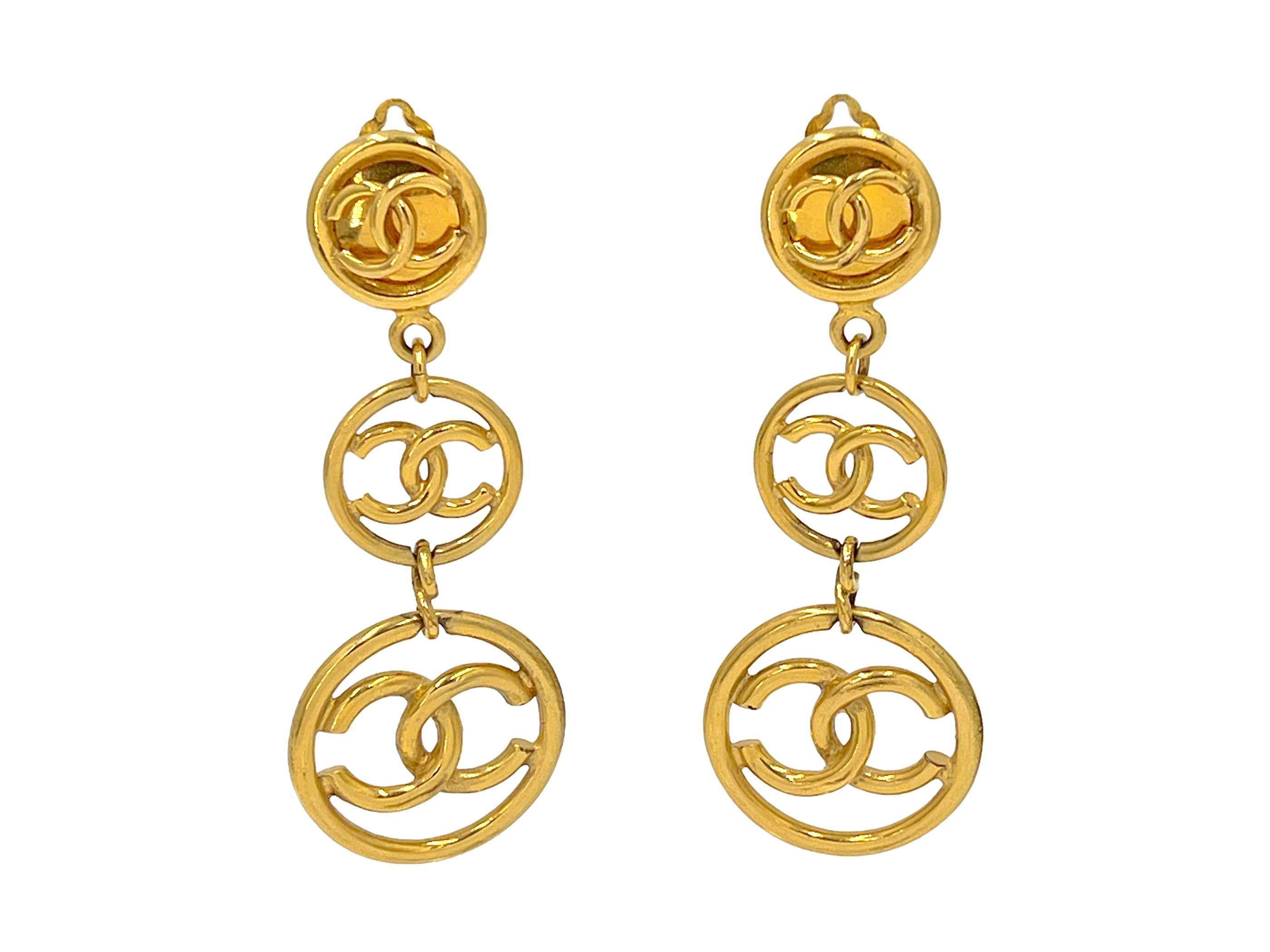 Chanel 93P Vintage Long Triple CC Logo Drop Earrings
