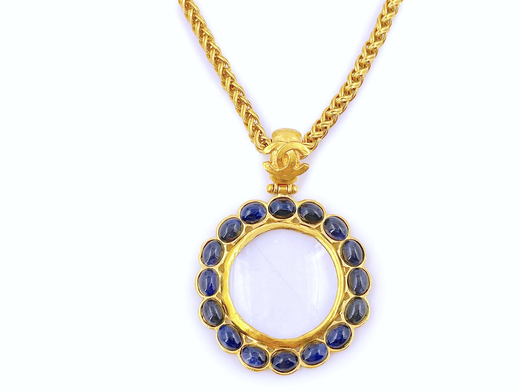 Chanel Vintage 95A Blue Stone Magnifying Glass Pendant Long Chain Necklace