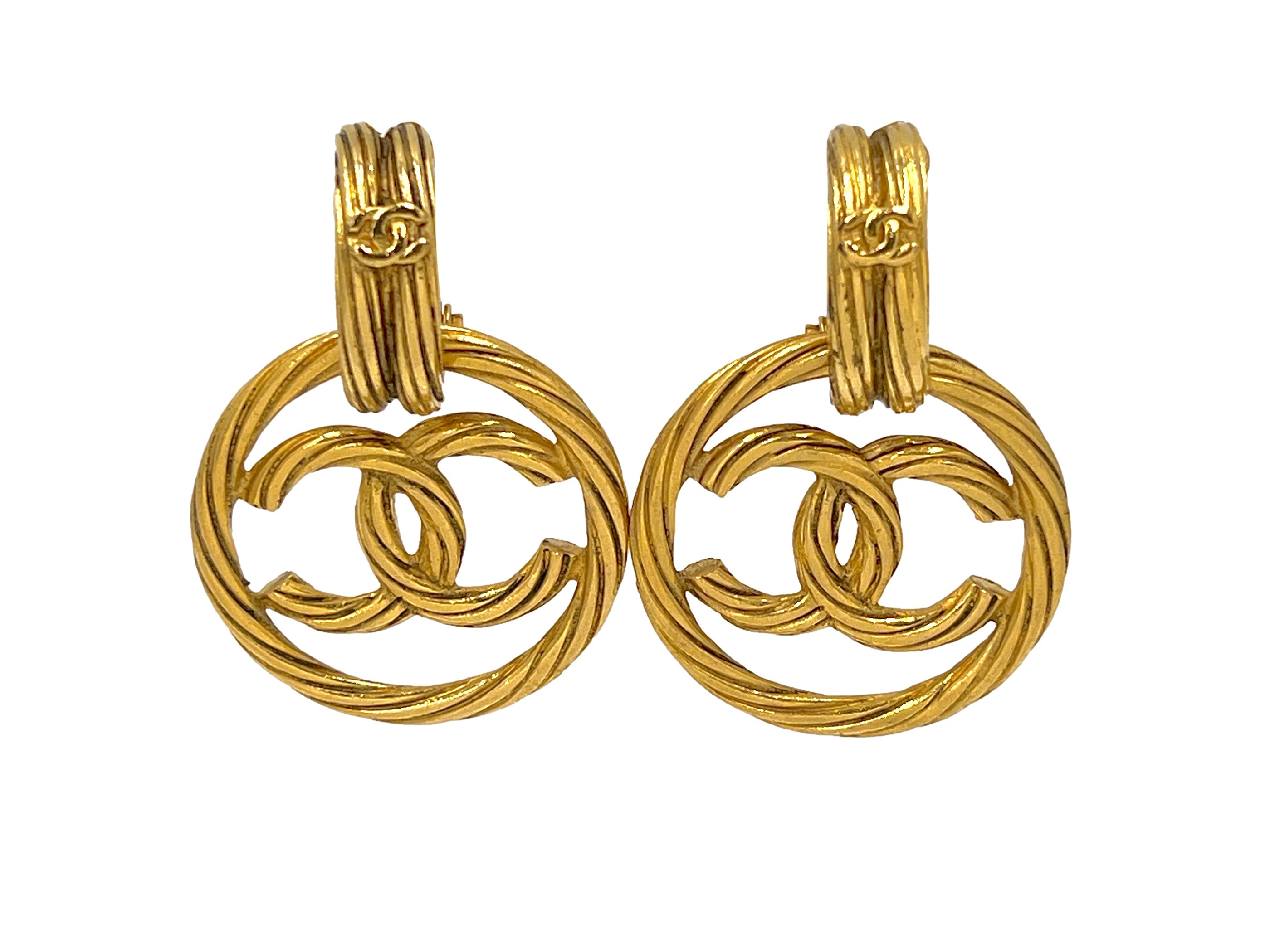 Chanel Vintage 93P Encircled Door Knocker Hoop Dangle Earrings