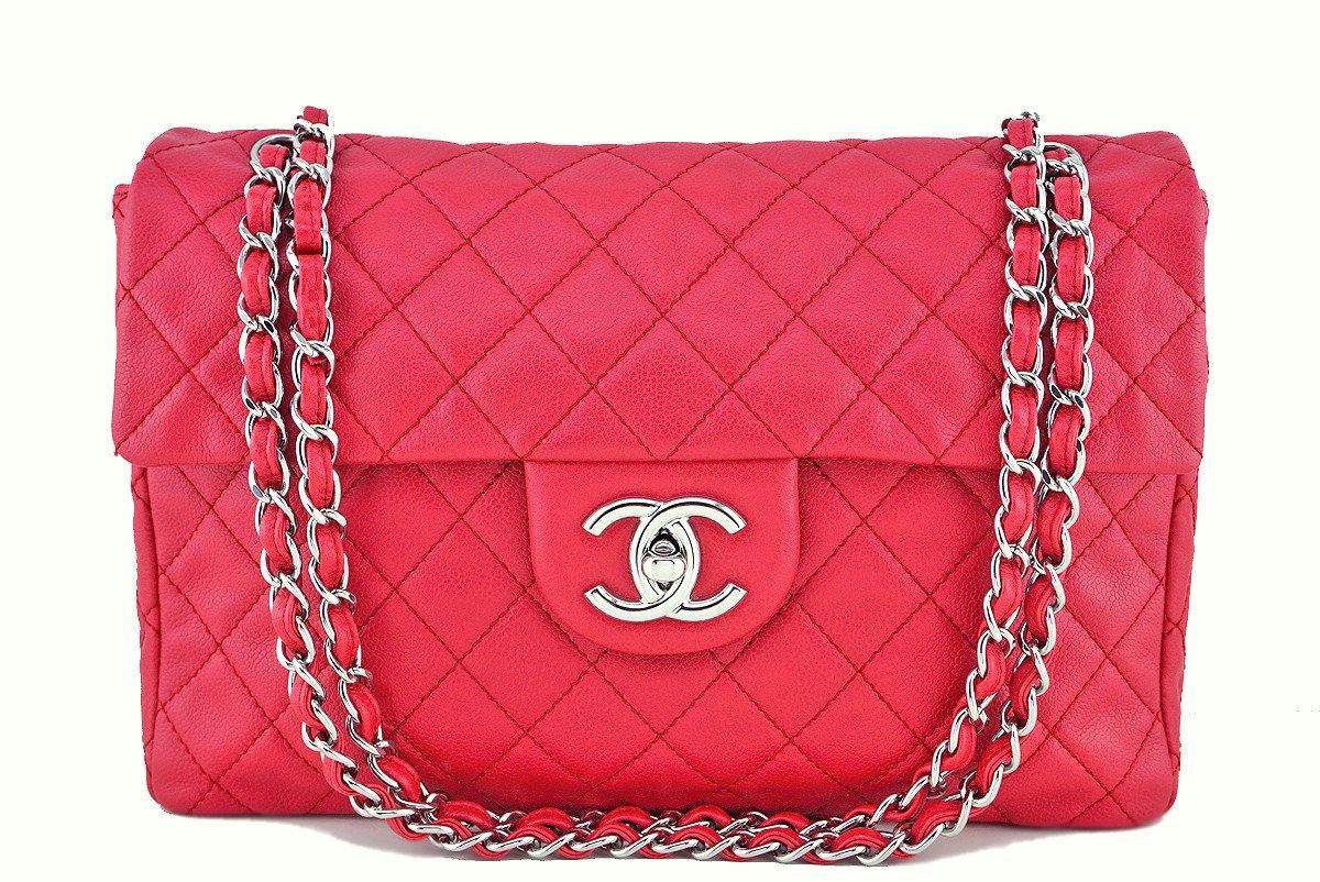 Chanel Caviar Fuchsia Pink-Red 13in. Maxi Quilted Classic 2.55 Jumbo Flap Bag