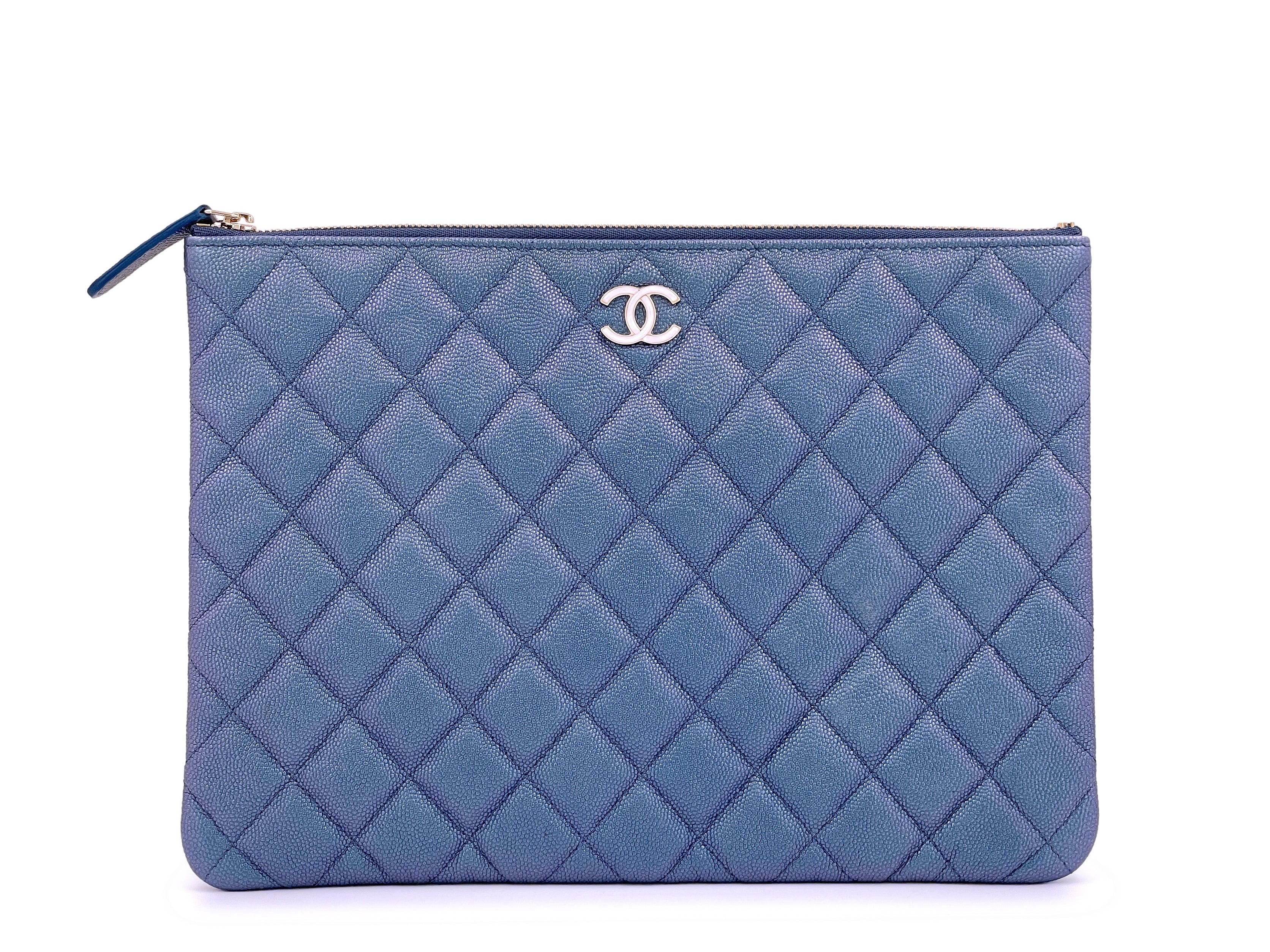 NIB 19S Chanel Iridescent Blue Pearly CC Caviar Medium O Case Clutch Bag