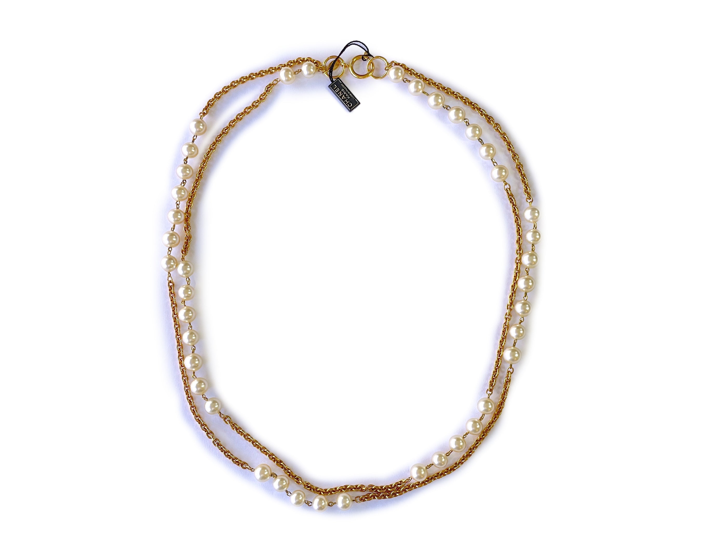 Chanel Vintage 67" Long Pearl and Gold Chain Double Stranded Station Necklace