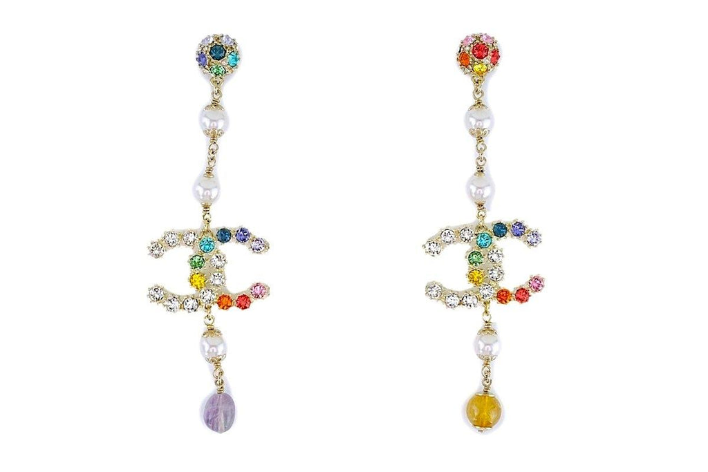 NIB 19S Chanel Rainbow Crystal Drop Earrings GHW