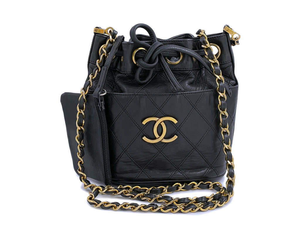 Rare Chanel Vintage 1987 Miniature Drawstring Mini Bucket Bag 24k GHW Black WX9