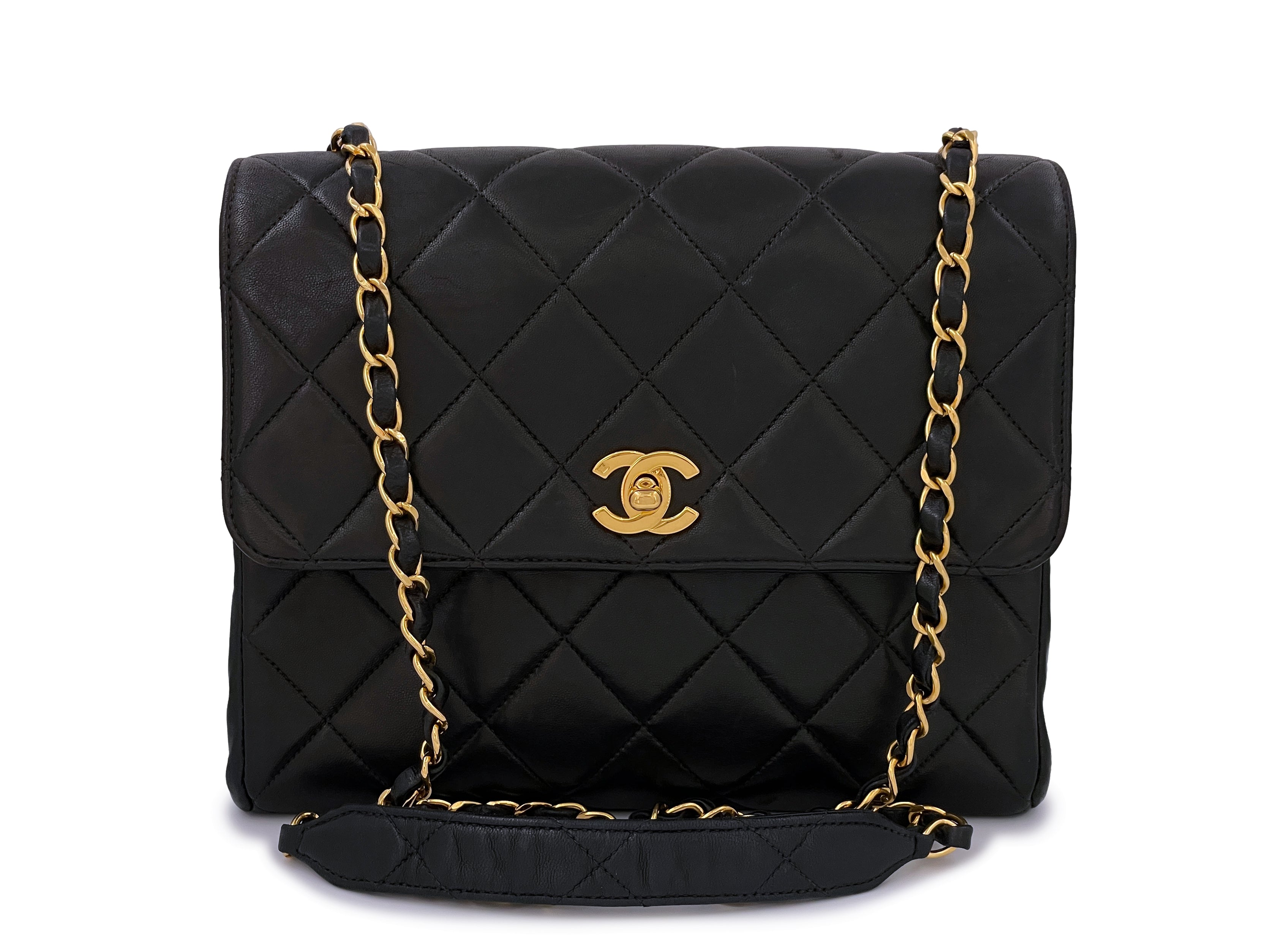 Chanel Vintage Black Square Medium Crossbody Flap Bag 24k GHW Lambskin