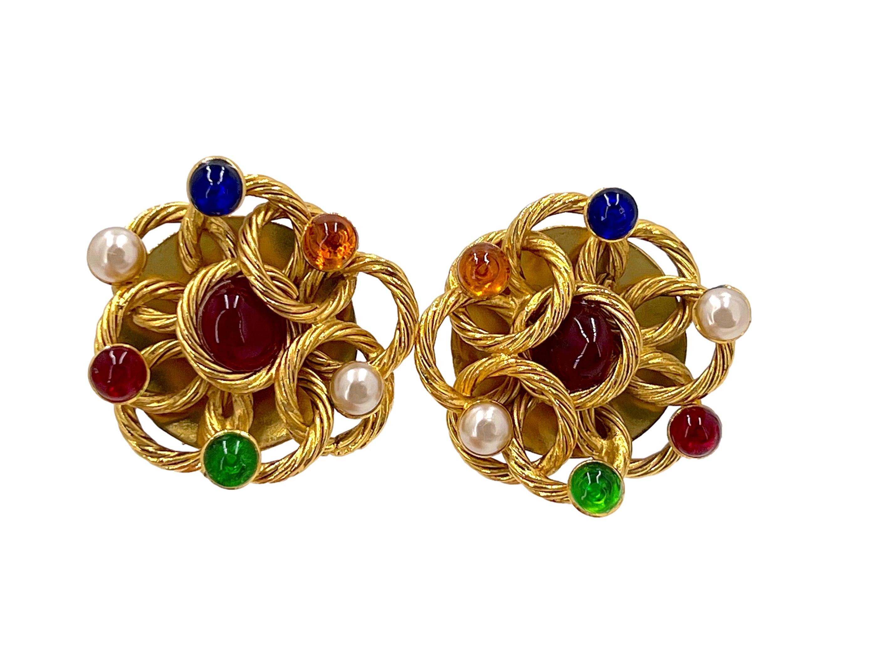 Chanel Gripoix Earrings Vintage Collection 23 Colored and Pearl Large Stud