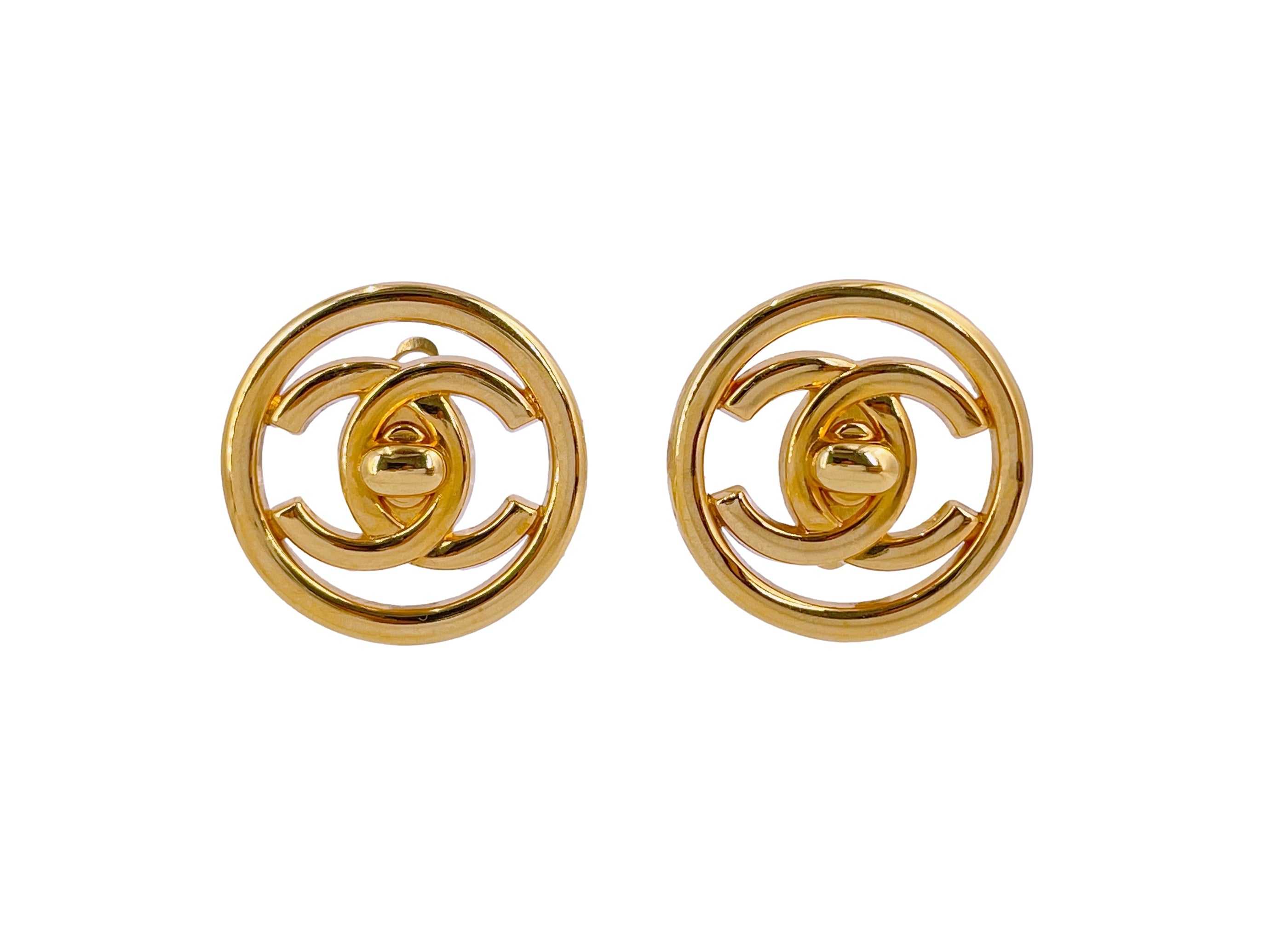 Chanel Vintage 97P Encircled Turnlock Stud Earrings
