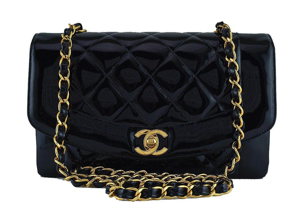 Chanel Vintage Black Patent Quilted Classic "Diana" Shoulder Flap Bag 24k gold plated