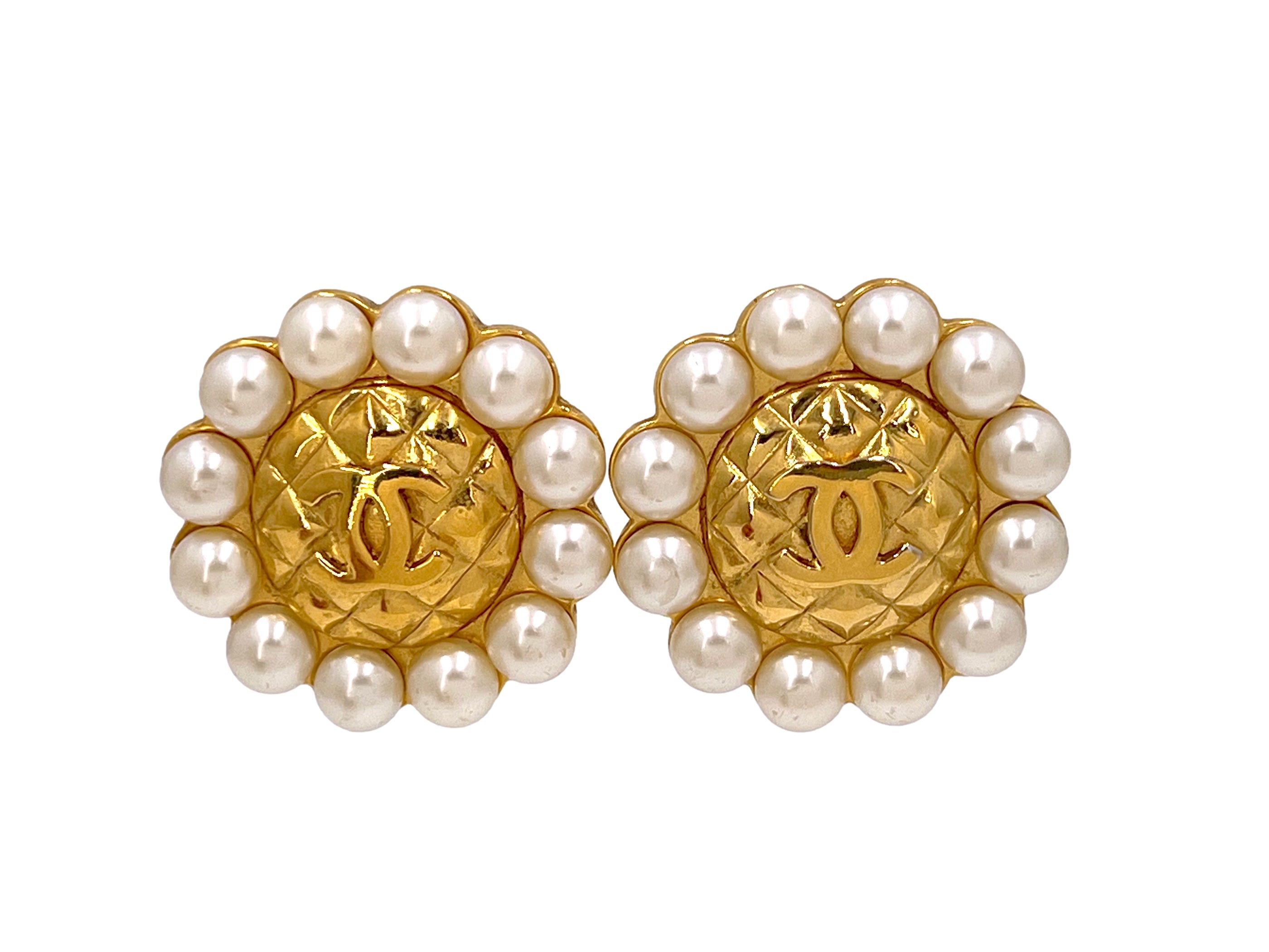 Chanel Vintage Collection 23 Pearl Framed Oversized Quilted Logo Giant Stud Earrings