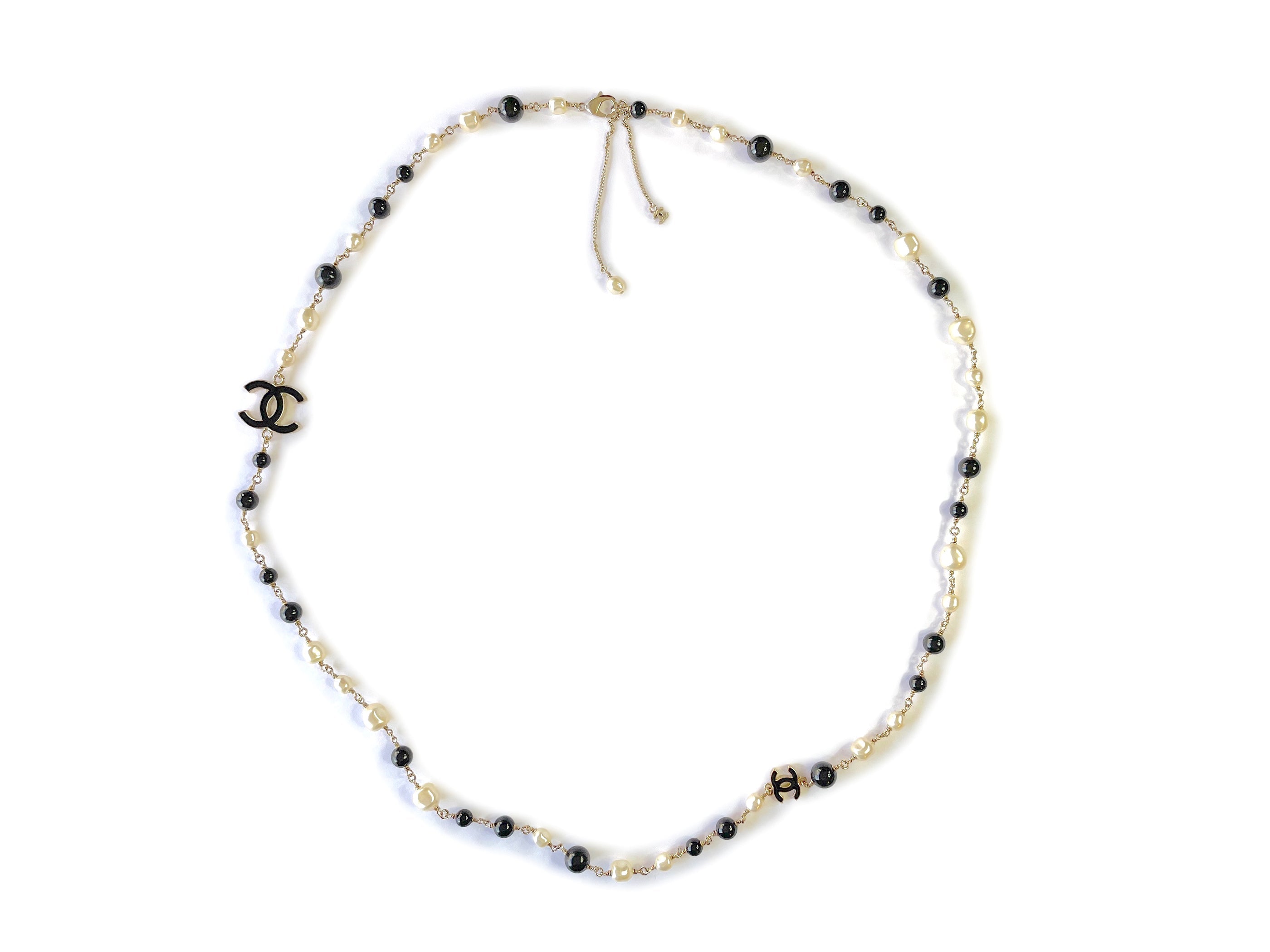 Chanel 14B Gold Black Enamel and Pearl Long Station Necklace