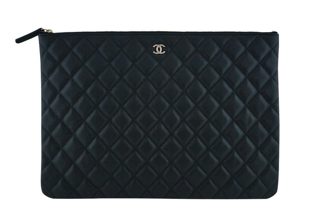 17S Chanel Black Caviar Classic Quilted O Case Clutch Purse Bag Large GHW