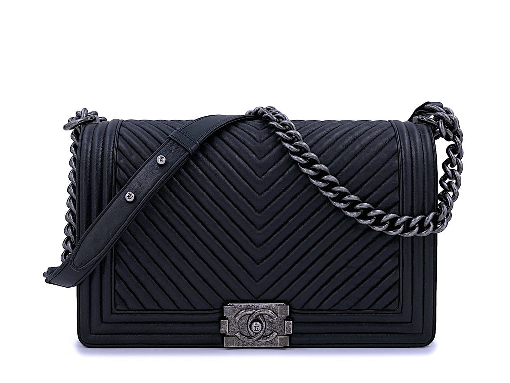 Chanel Black Herringbone Chevron New Medium Boy Bag RHW