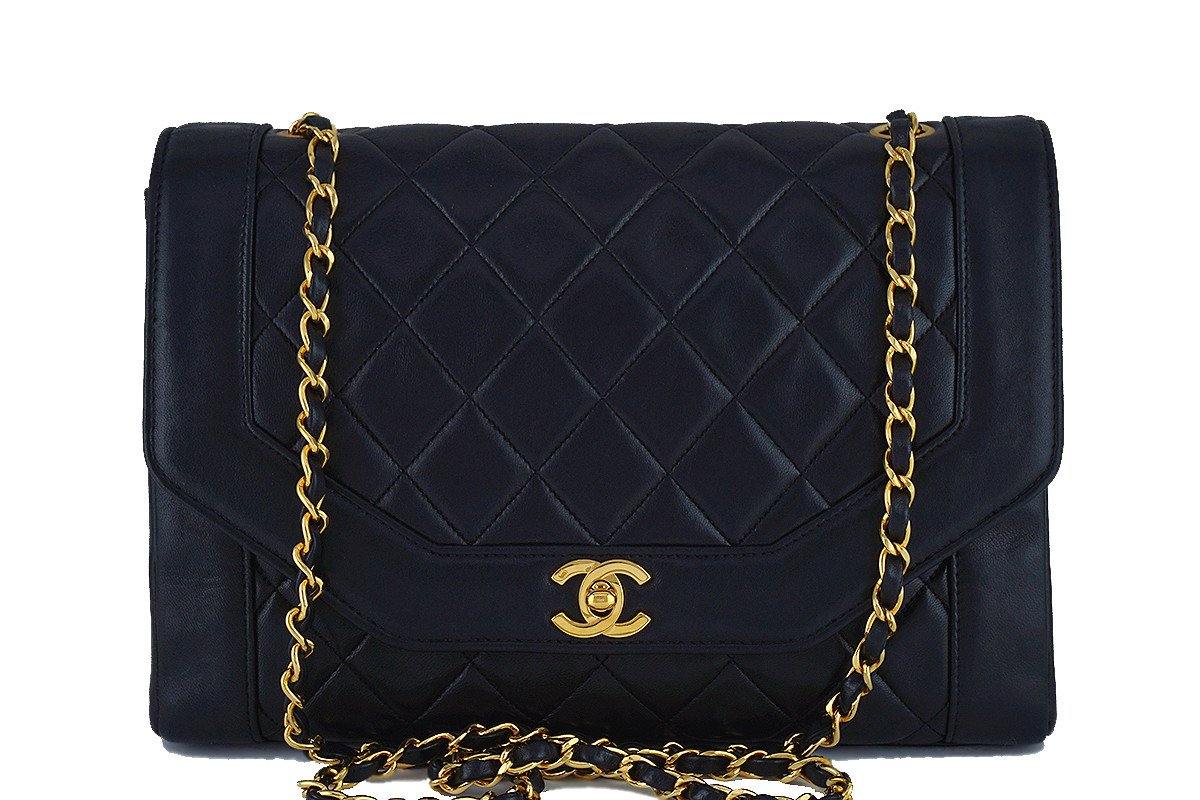 Chanel 11in. Black Vintage Quilted Classic Angled "Diana" Flap Bag