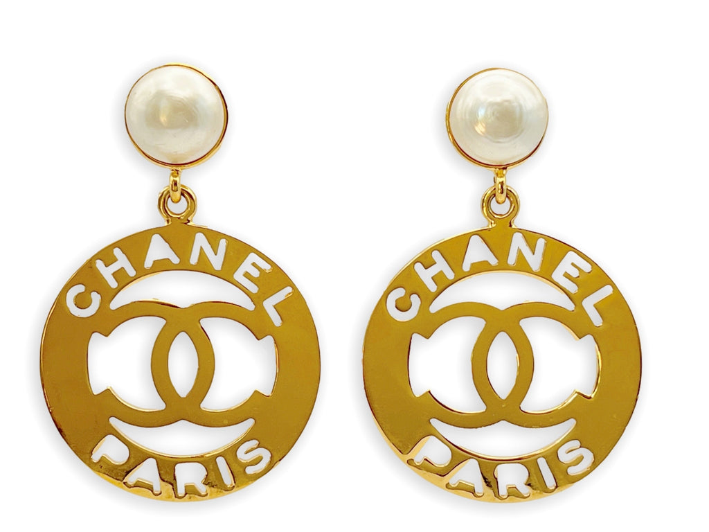 Chanel Vintage 1980s Cutout Hoop Drop Pearl Earrings