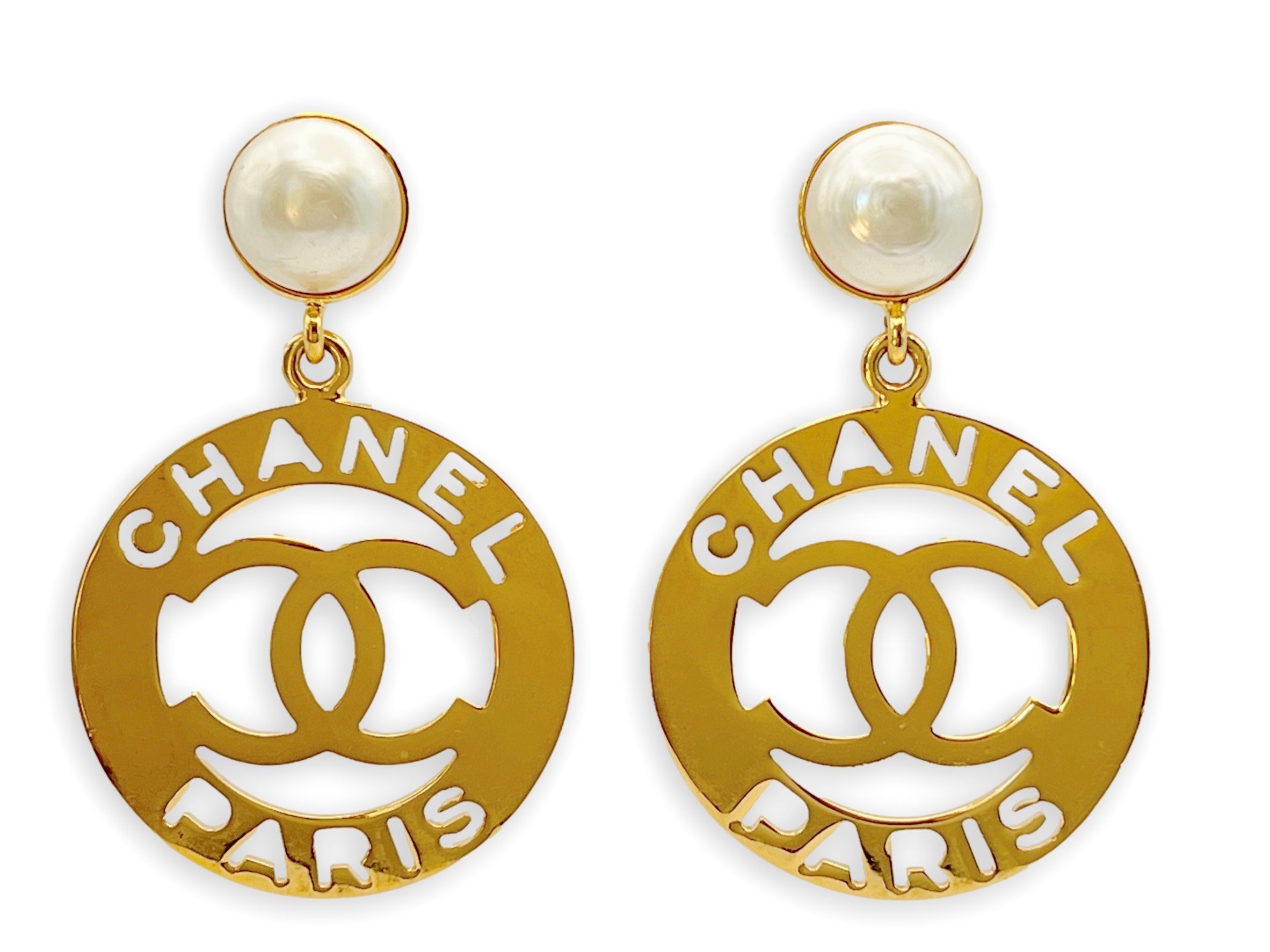 Chanel Vintage 1980s Cutout Hoop Drop Pearl Earrings