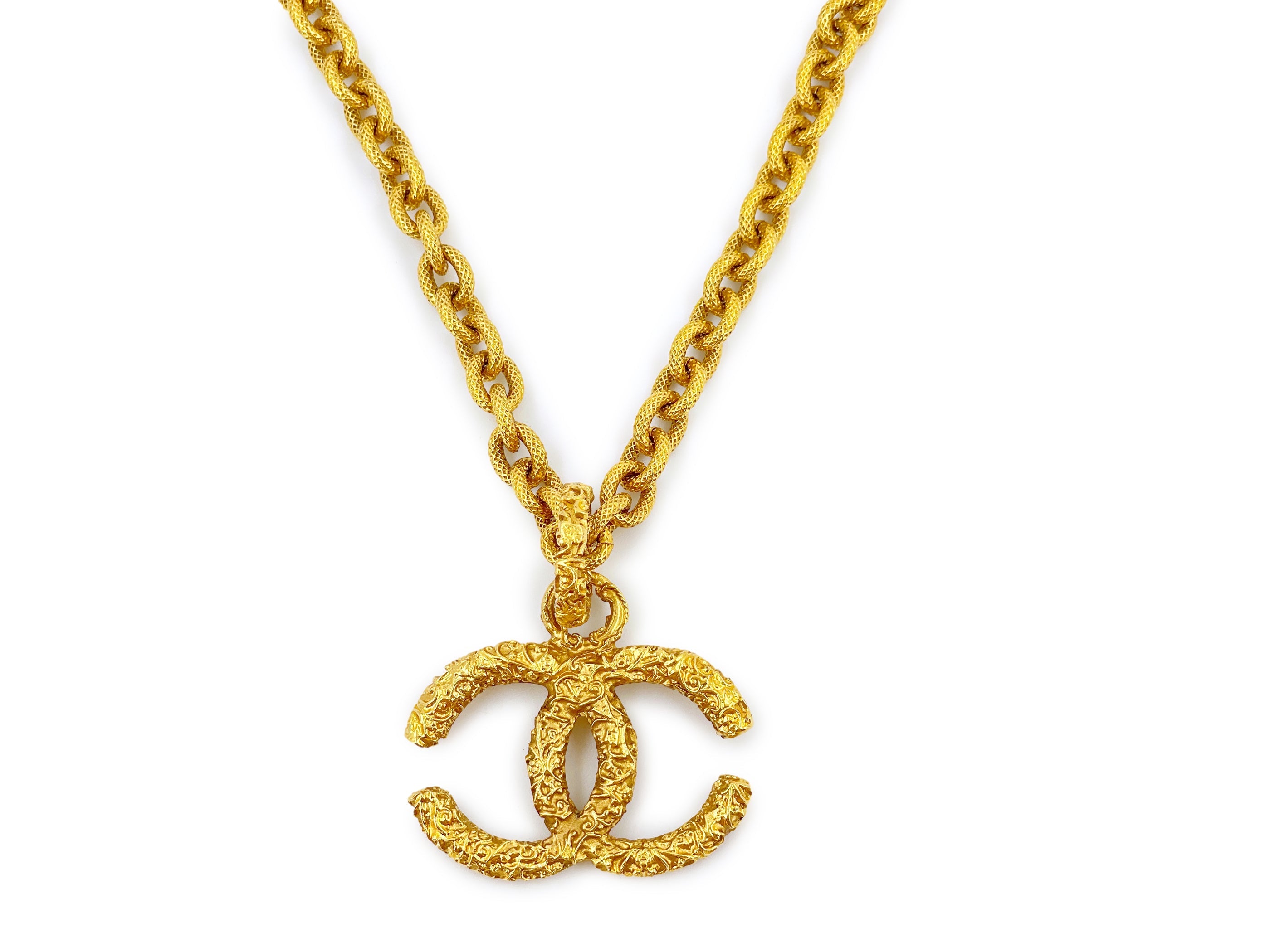Chanel Vintage 93A Lava Large Ornate Logo Long Chain Necklace